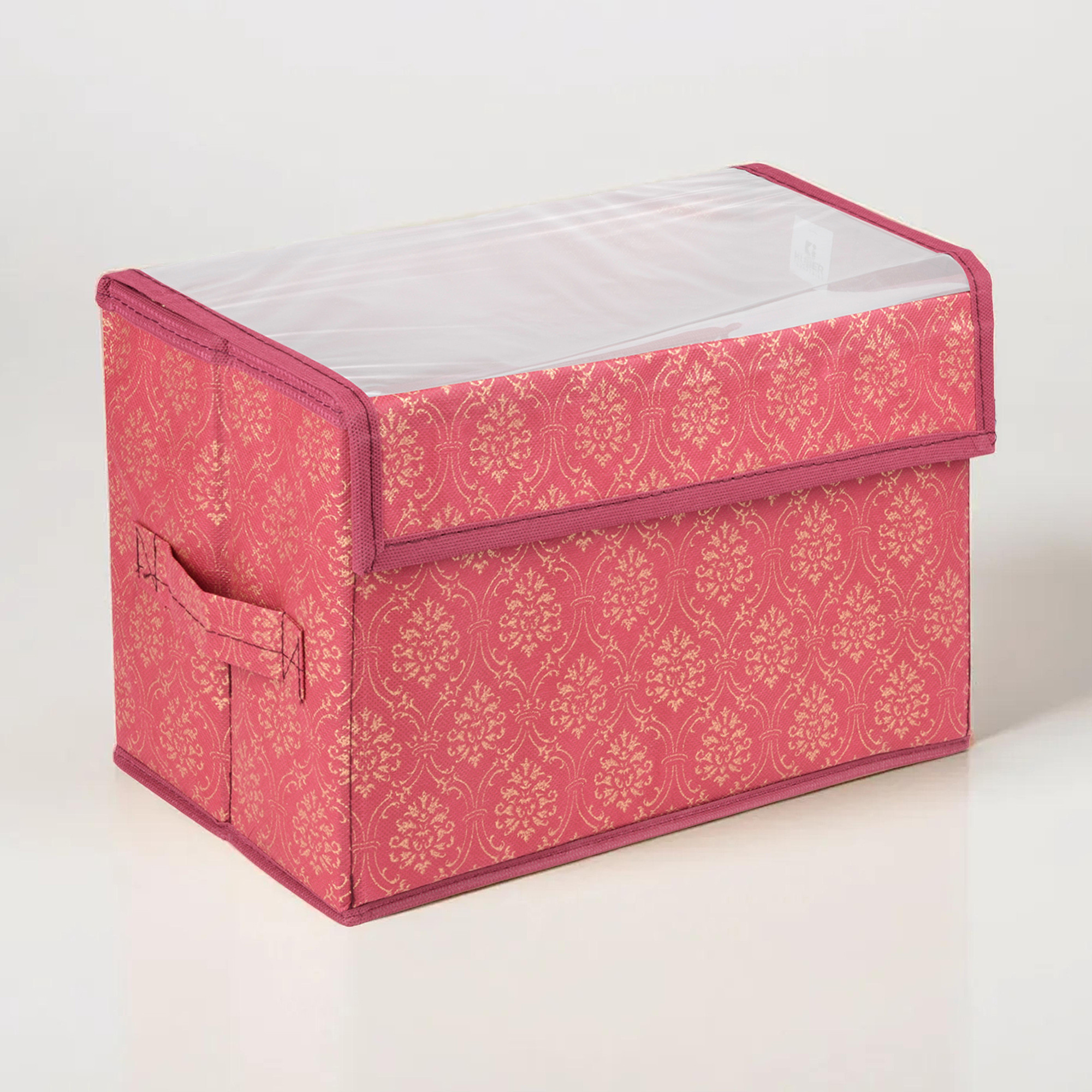 Kuber Industries Drawer Storage Box | Foldable Clothes Organizer | Drawer Box with Handle | Storage Bin for Books-Toys | Transparent Dhakkan with Velcro | Golden-Printed | Small | Maroon