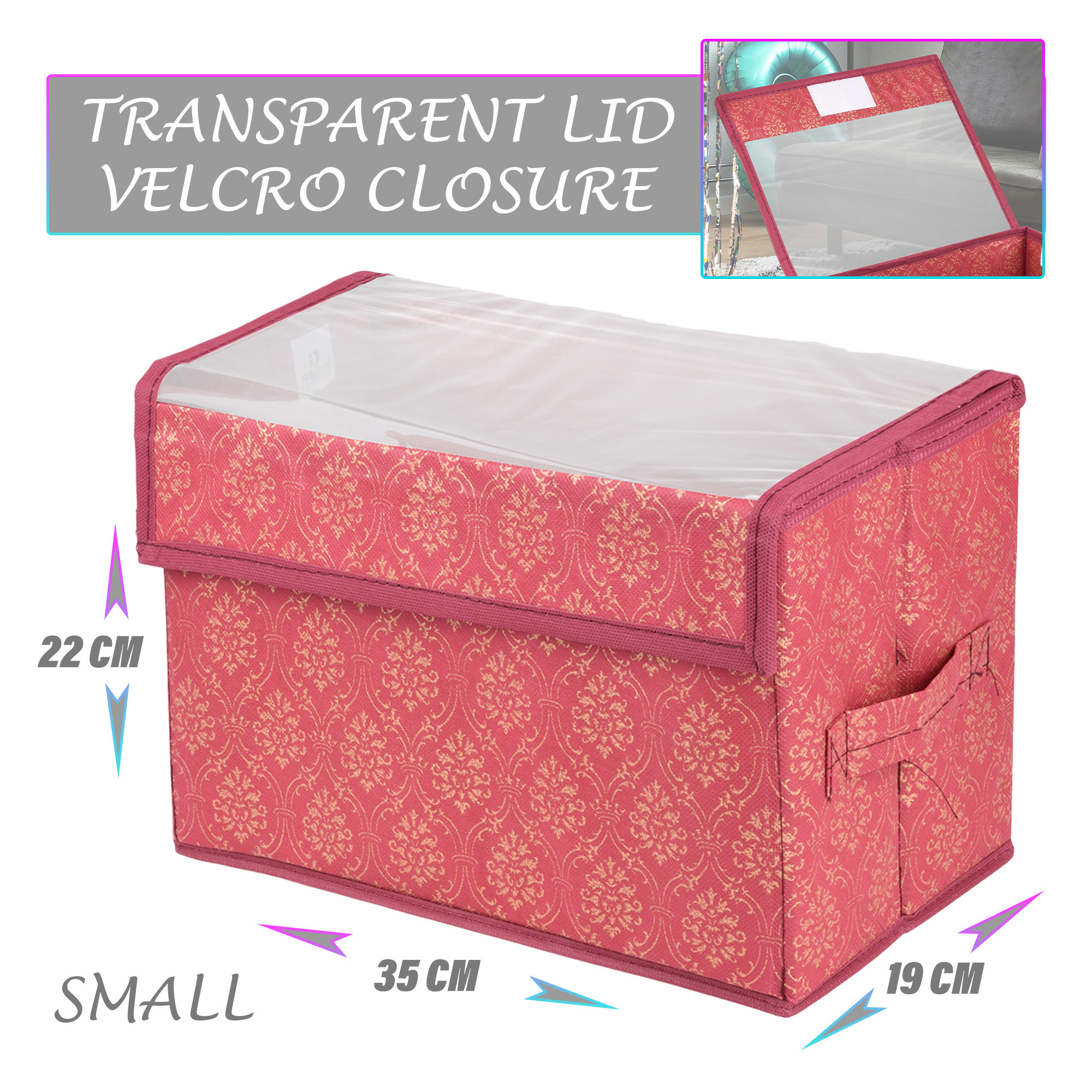 Kuber Industries Drawer Storage Box | Foldable Clothes Organizer | Drawer Box with Handle | Storage Bin for Books-Toys | Transparent Dhakkan with Velcro | Golden-Printed | Small | Maroon