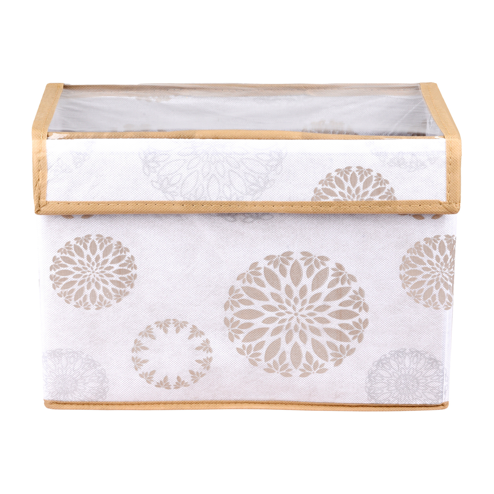 Kuber Industries Drawer Storage Box | Foldable Clothes Organizer | Drawer Box with Handle | Storage Bin for Books-Toys | Transparent Dhakkan with Velcro | Gola-Print | Small | White