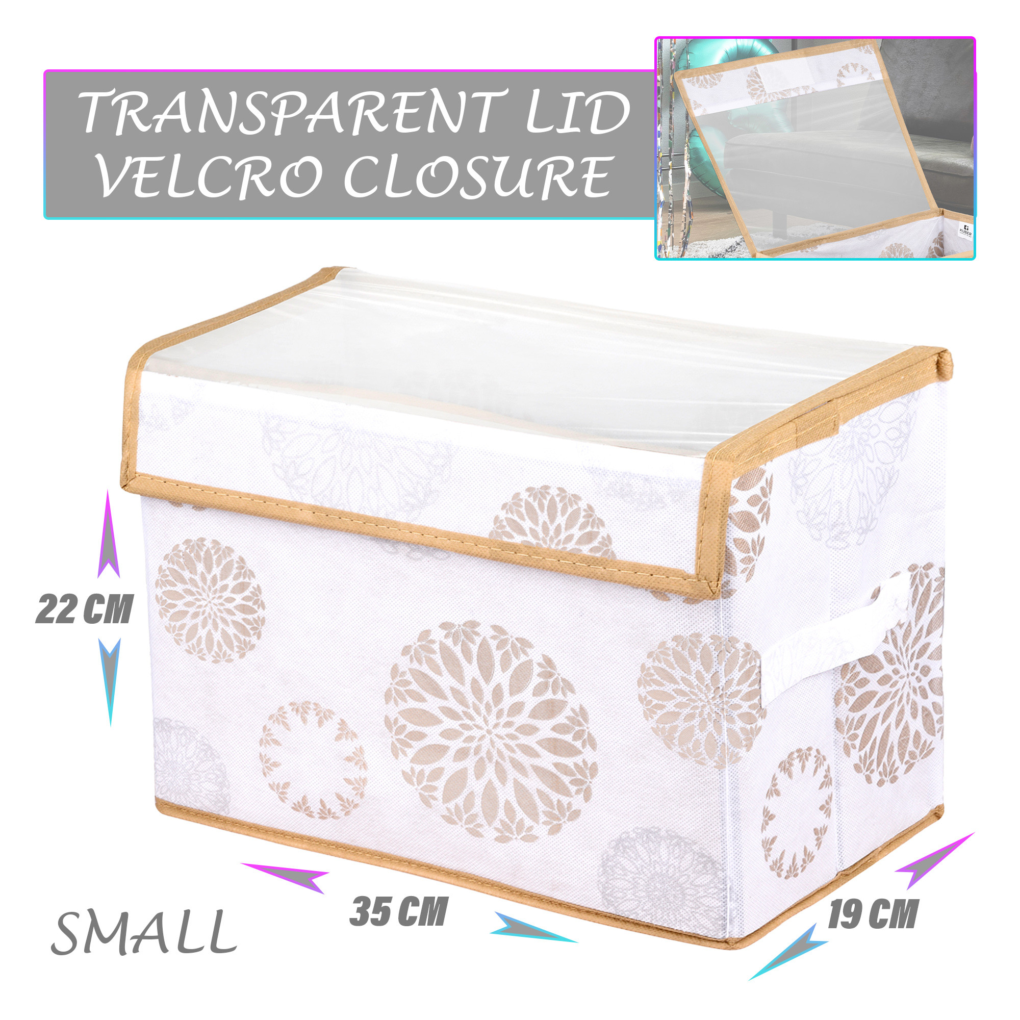 Kuber Industries Drawer Storage Box | Foldable Clothes Organizer | Drawer Box with Handle | Storage Bin for Books-Toys | Transparent Dhakkan with Velcro | Gola-Print | Small | White