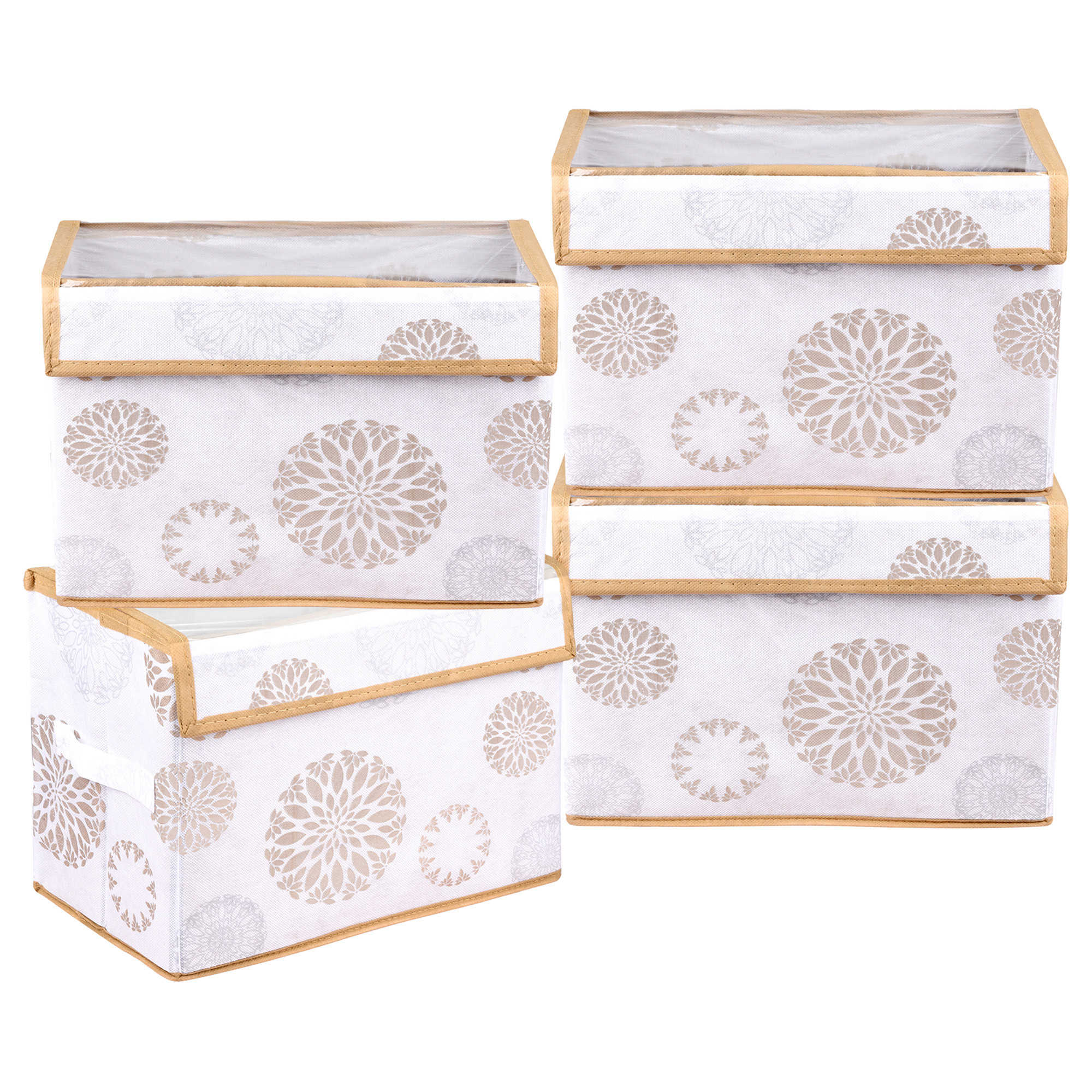 Kuber Industries Drawer Storage Box | Foldable Clothes Organizer | Drawer Box with Handle | Storage Bin for Books-Toys | Transparent Dhakkan with Velcro | Gola-Print | Small | White