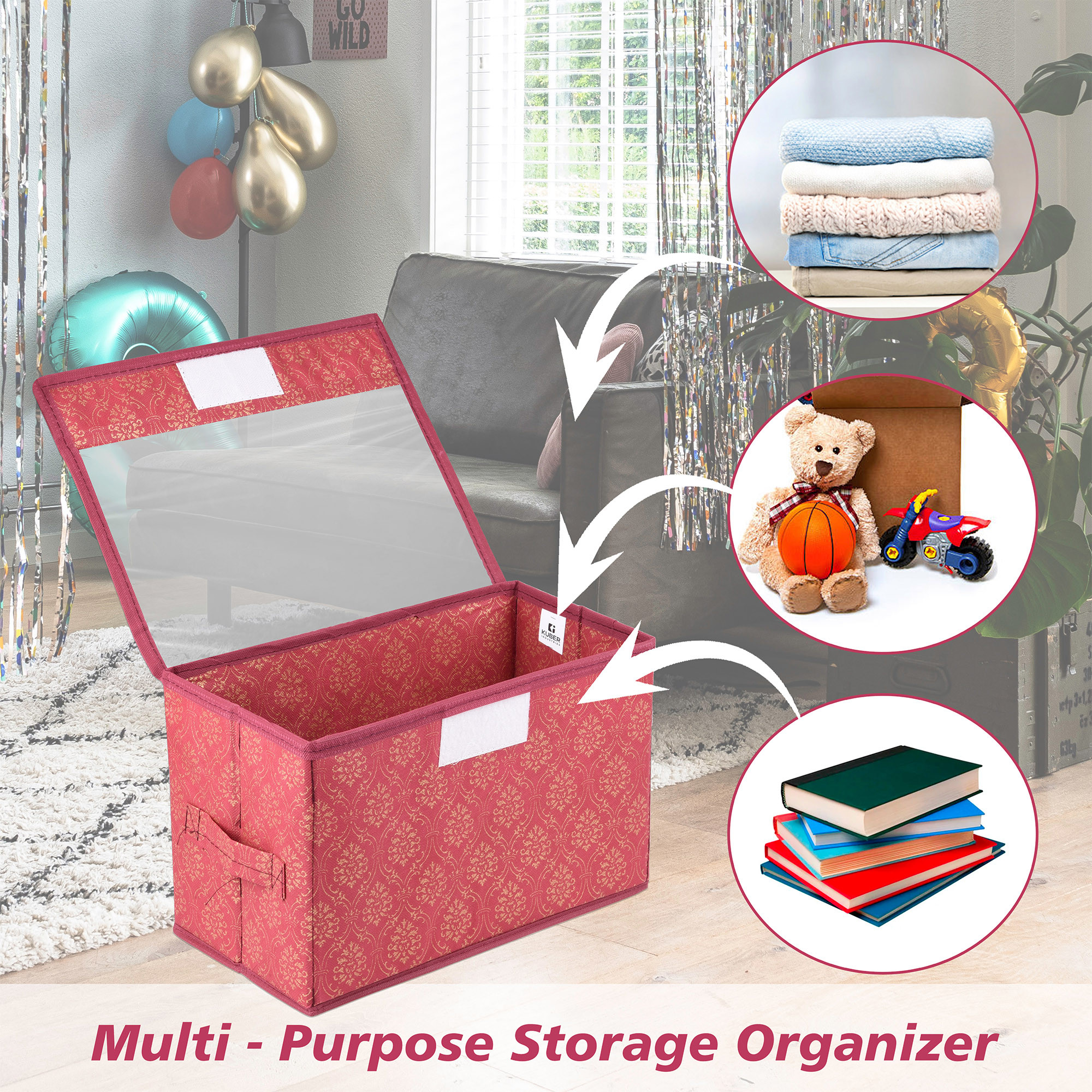 Kuber Industries Drawer Storage Box | Foldable Clothes Organizer | Transparent Dhakkan with Handle | Velcro Drawer Organizer | Storage Bin for Books-Toys | Golden-Printed | Medium | Maroon