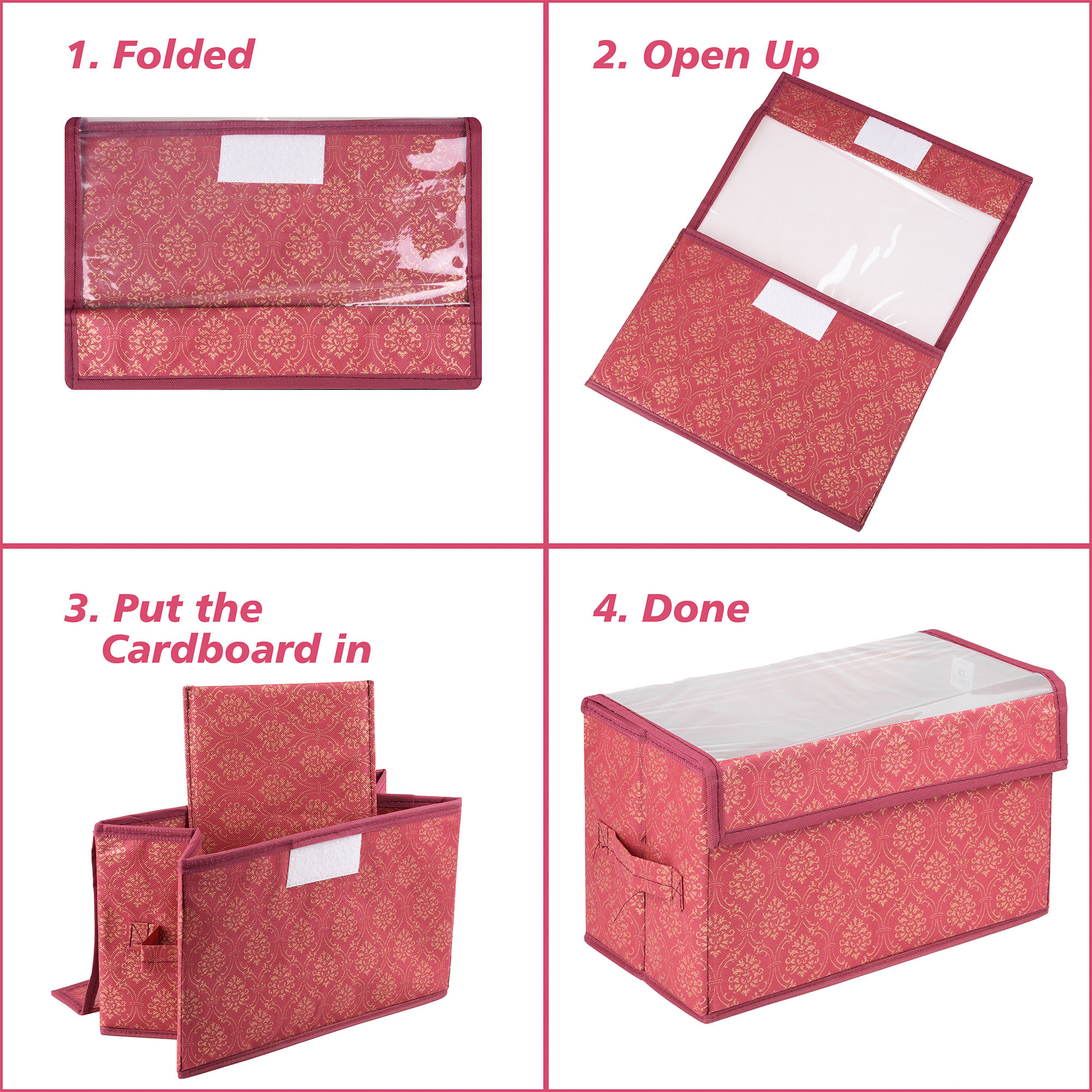 Kuber Industries Drawer Storage Box | Foldable Clothes Organizer | Transparent Dhakkan with Handle | Velcro Drawer Organizer | Storage Bin for Books-Toys | Golden-Printed | Medium | Maroon