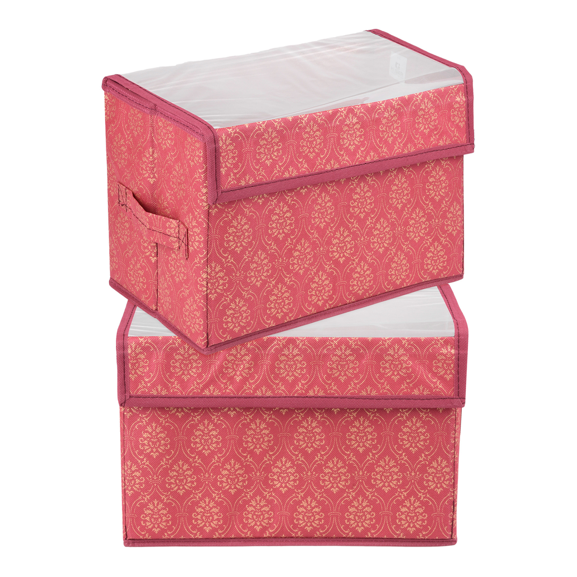Kuber Industries Drawer Storage Box | Foldable Clothes Organizer | Transparent Dhakkan with Handle | Velcro Drawer Organizer | Storage Bin for Books-Toys | Golden-Printed | Medium | Maroon