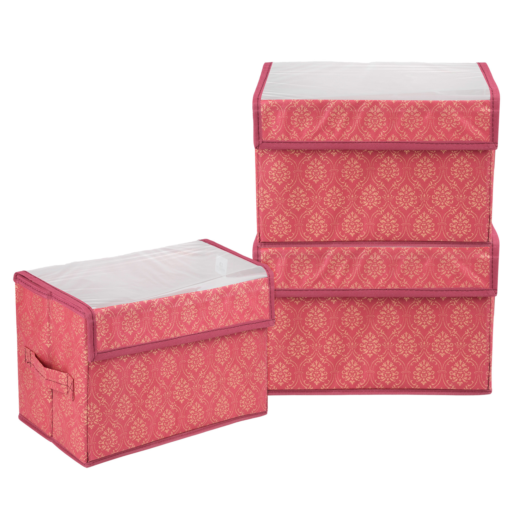 Kuber Industries Drawer Storage Box | Foldable Clothes Organizer | Transparent Dhakkan with Handle | Velcro Drawer Organizer | Storage Bin for Books-Toys | Golden-Printed | Large | Maroon