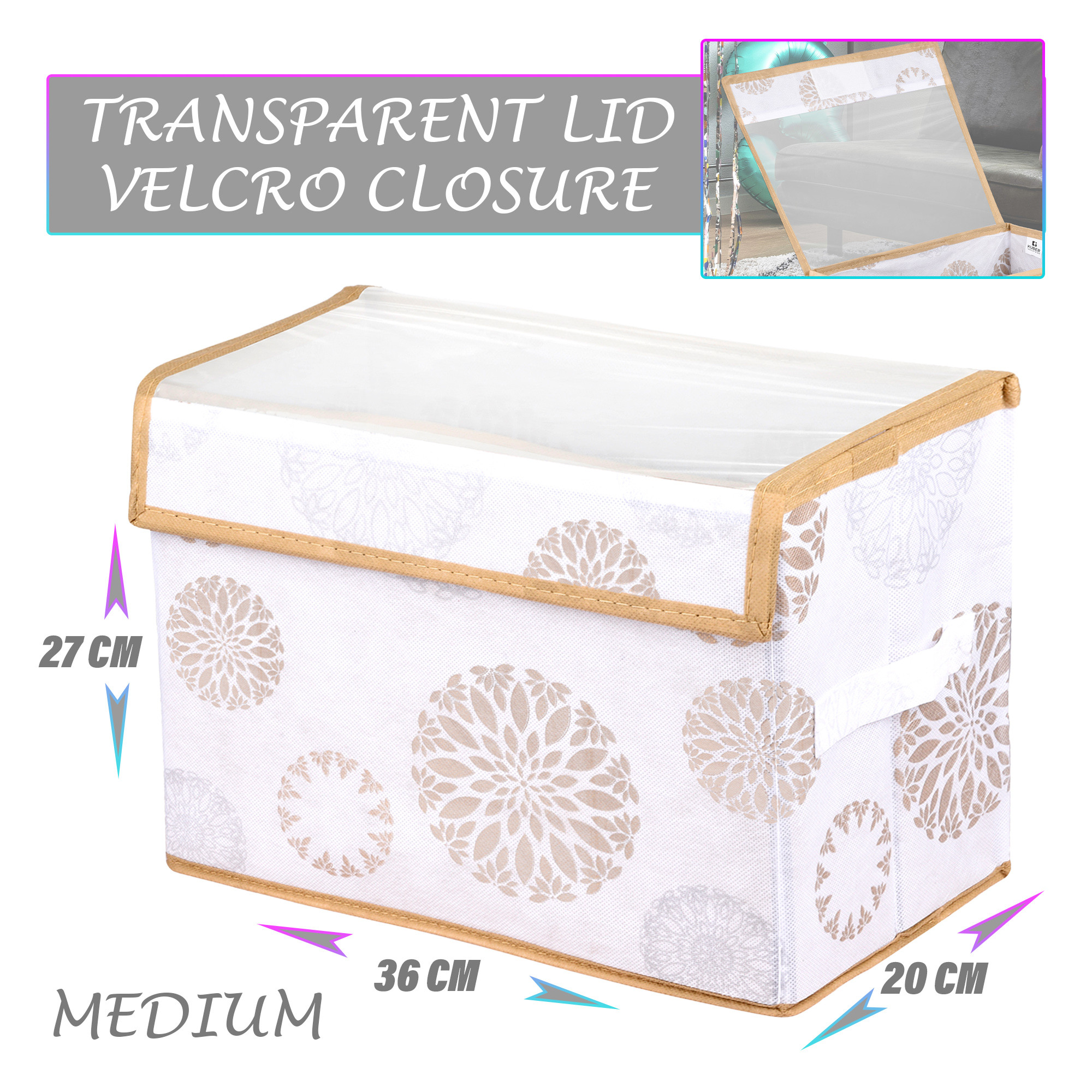 Kuber Industries Drawer Storage Box | Foldable Clothes Organizer | Transparent Dhakkan with Handle | Velcro Drawer Organizer | Storage Bin for Books-Toys | Gola-Print | Medium | White