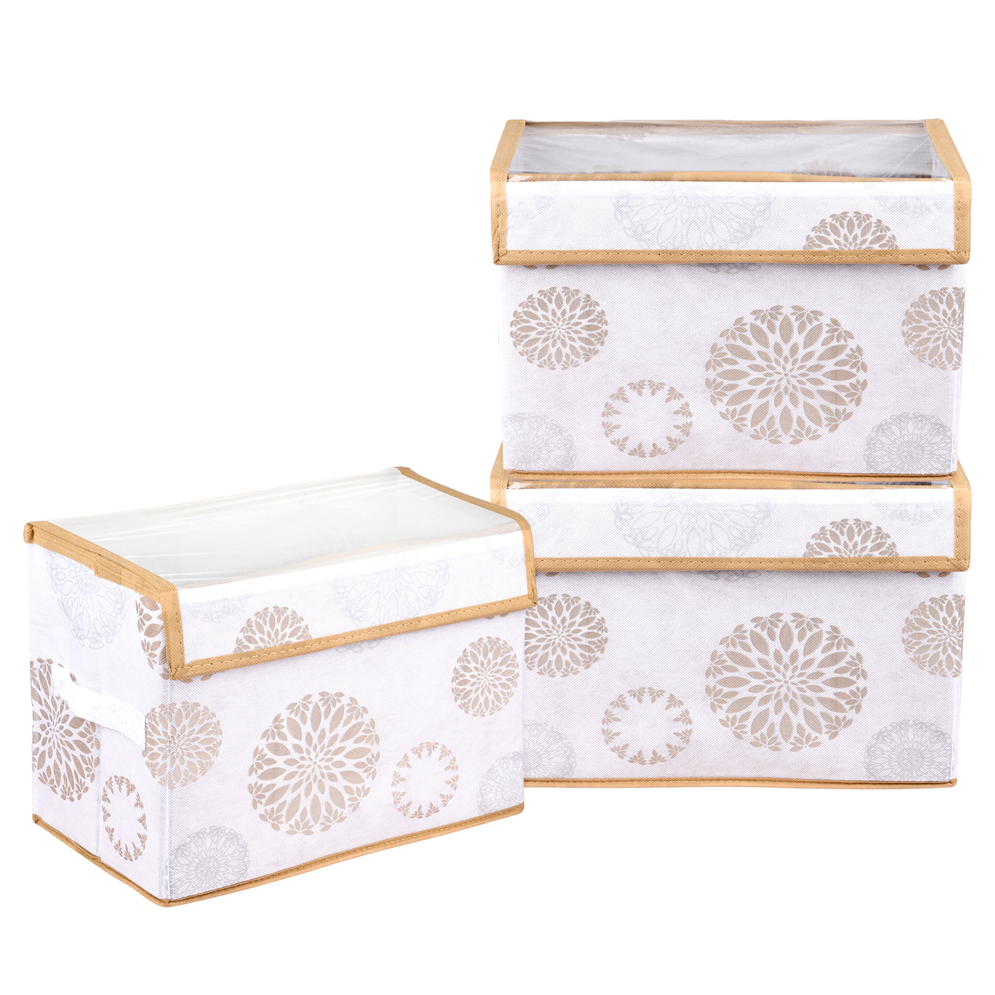 Kuber Industries Drawer Storage Box | Foldable Clothes Organizer | Transparent Dhakkan with Handle | Velcro Drawer Organizer | Storage Bin for Books-Toys | Gola-Print | Medium | White
