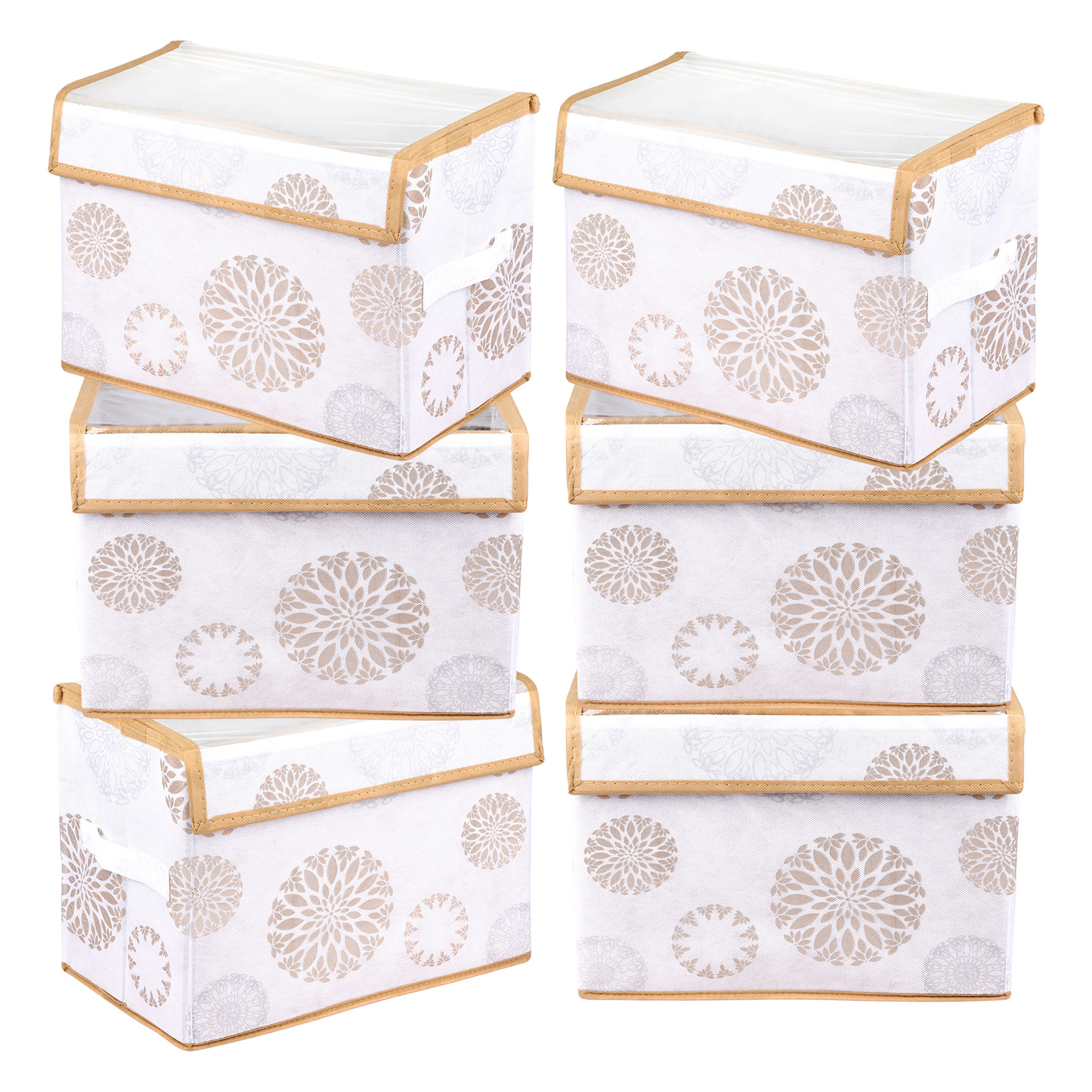 Kuber Industries Drawer Storage Box | Foldable Clothes Organizer | Transparent Dhakkan with Handle | Velcro Drawer Organizer | Storage Bin for Books-Toys | Gola-Print | Medium | White