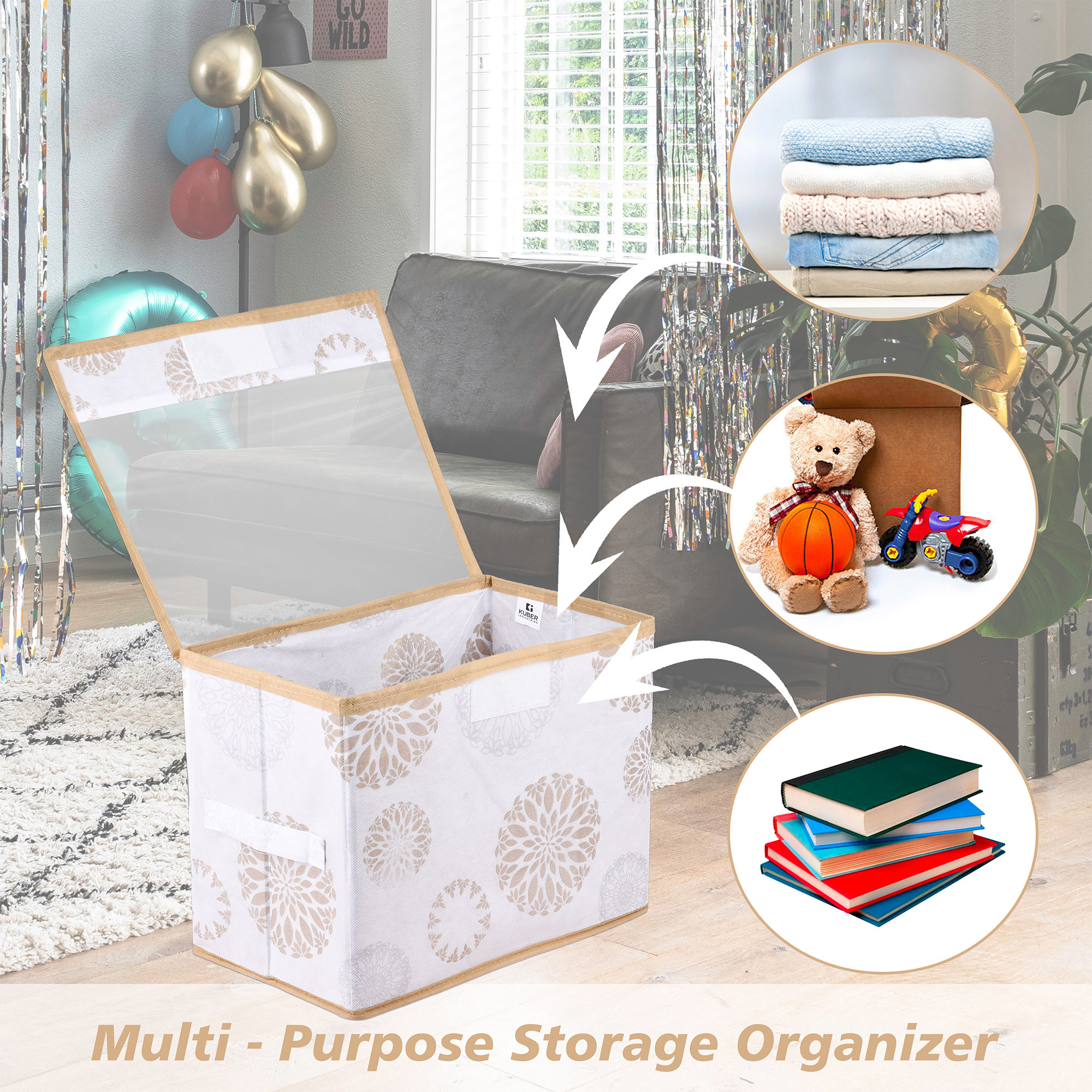 Kuber Industries Drawer Storage Box | Foldable Clothes Organizer | Transparent Dhakkan with Handle | Velcro Drawer Organizer | Storage Bin for Books-Toys | Gola-Print | Large | White