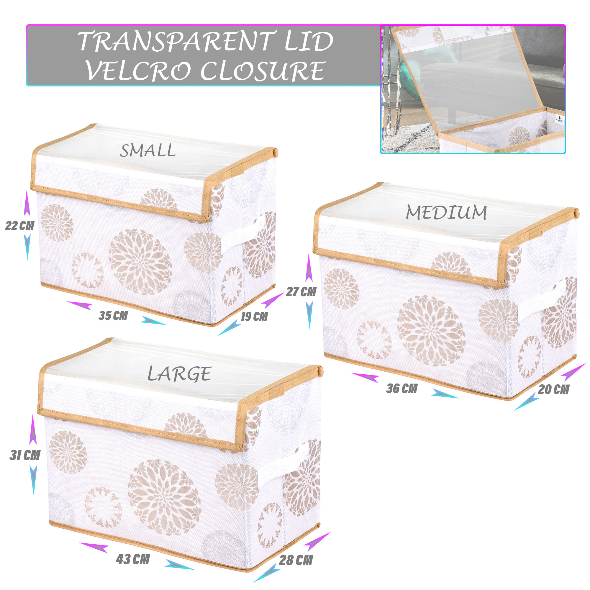 Kuber Industries Drawer Storage Box | Foldable Clothes Organizer | Transparent Dhakkan with Handle | Velcro Drawer Organizer for Books-Toys | Gola-Print | S | M | L | Pack of 3 | White