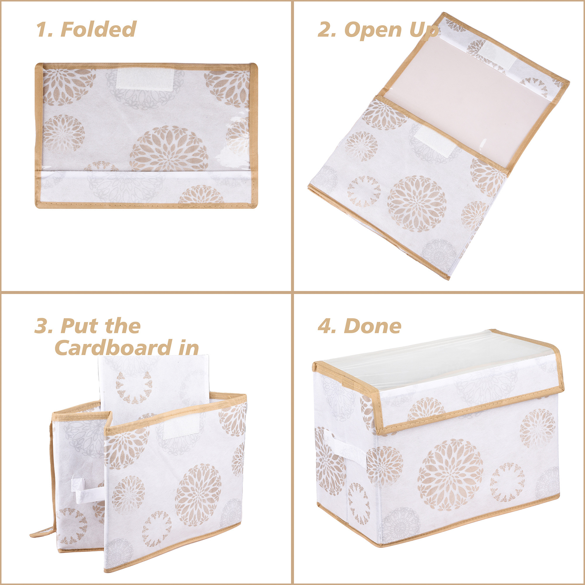 Kuber Industries Drawer Storage Box | Foldable Clothes Organizer | Transparent Dhakkan with Handle | Velcro Drawer Organizer for Books-Toys | Gola-Print | S | M | L | Pack of 3 | White
