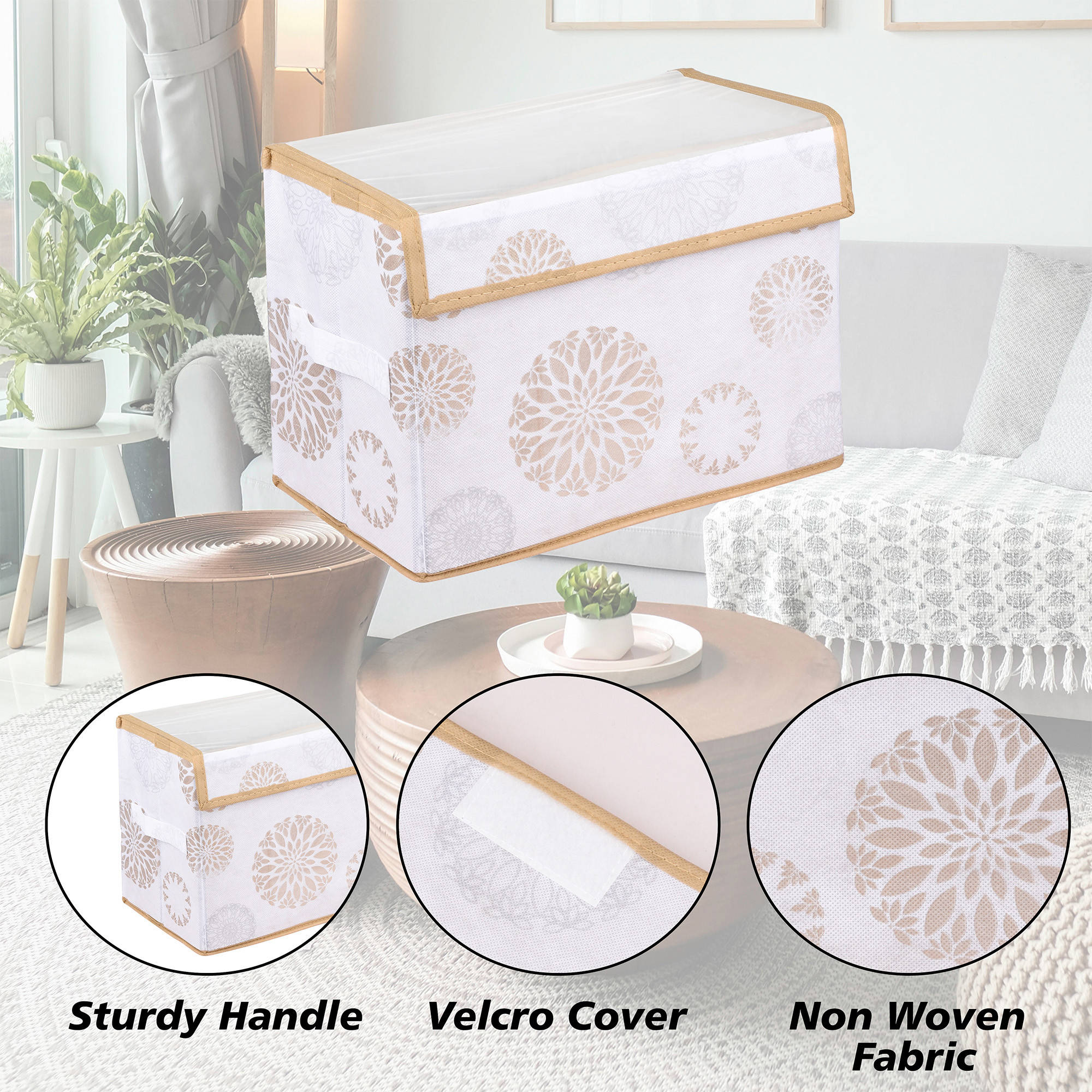 Kuber Industries Drawer Storage Box | Foldable Clothes Organizer | Transparent Dhakkan with Handle | Velcro Drawer Organizer for Books-Toys | Gola-Print | S | M | L | Pack of 3 | White