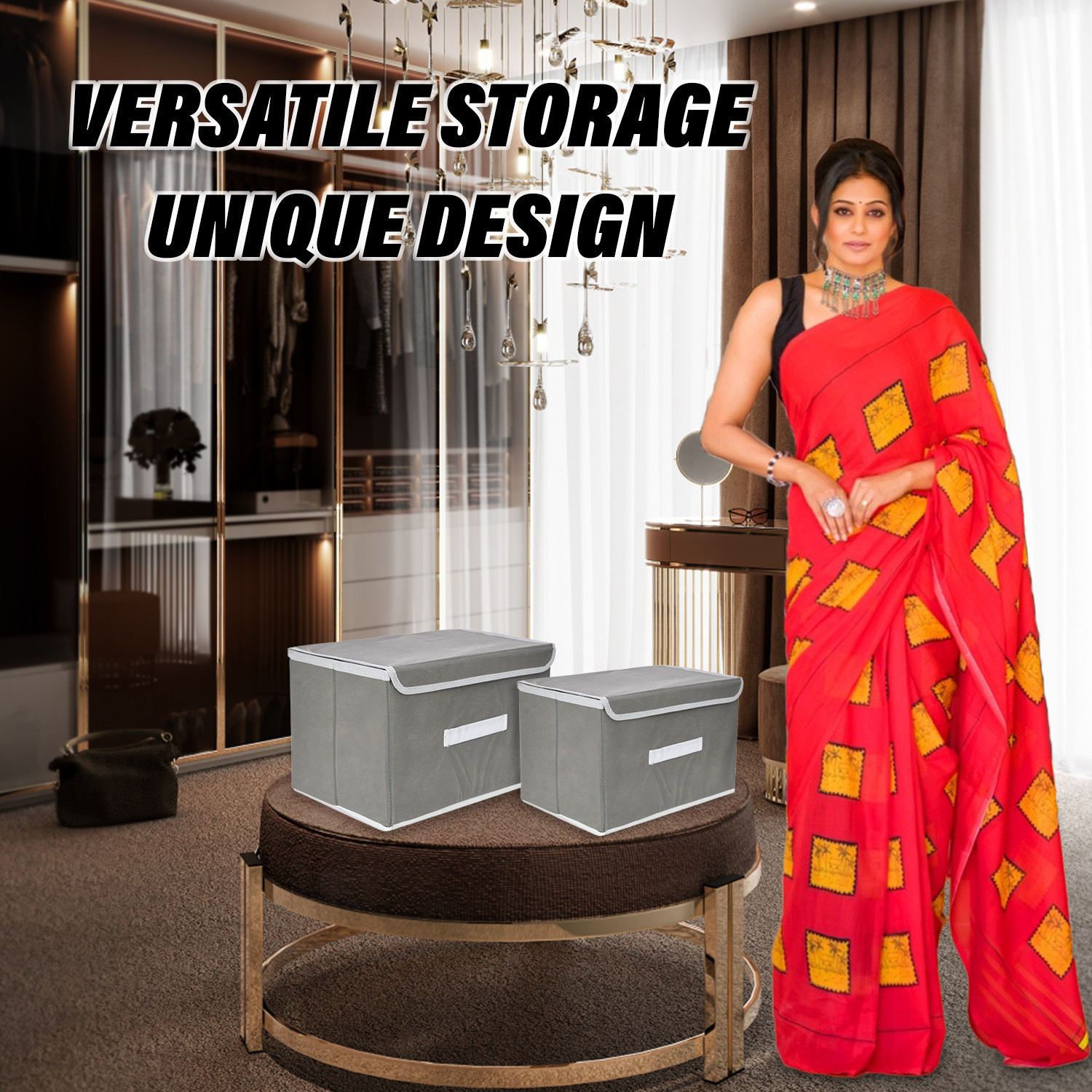 Kuber Industries Drawer Storage Box | Foldable Dhakkan Storage Box | Non-Woven Clothes Organizer | Storage Box with Handle | M | L | Pack of 2 | Gray