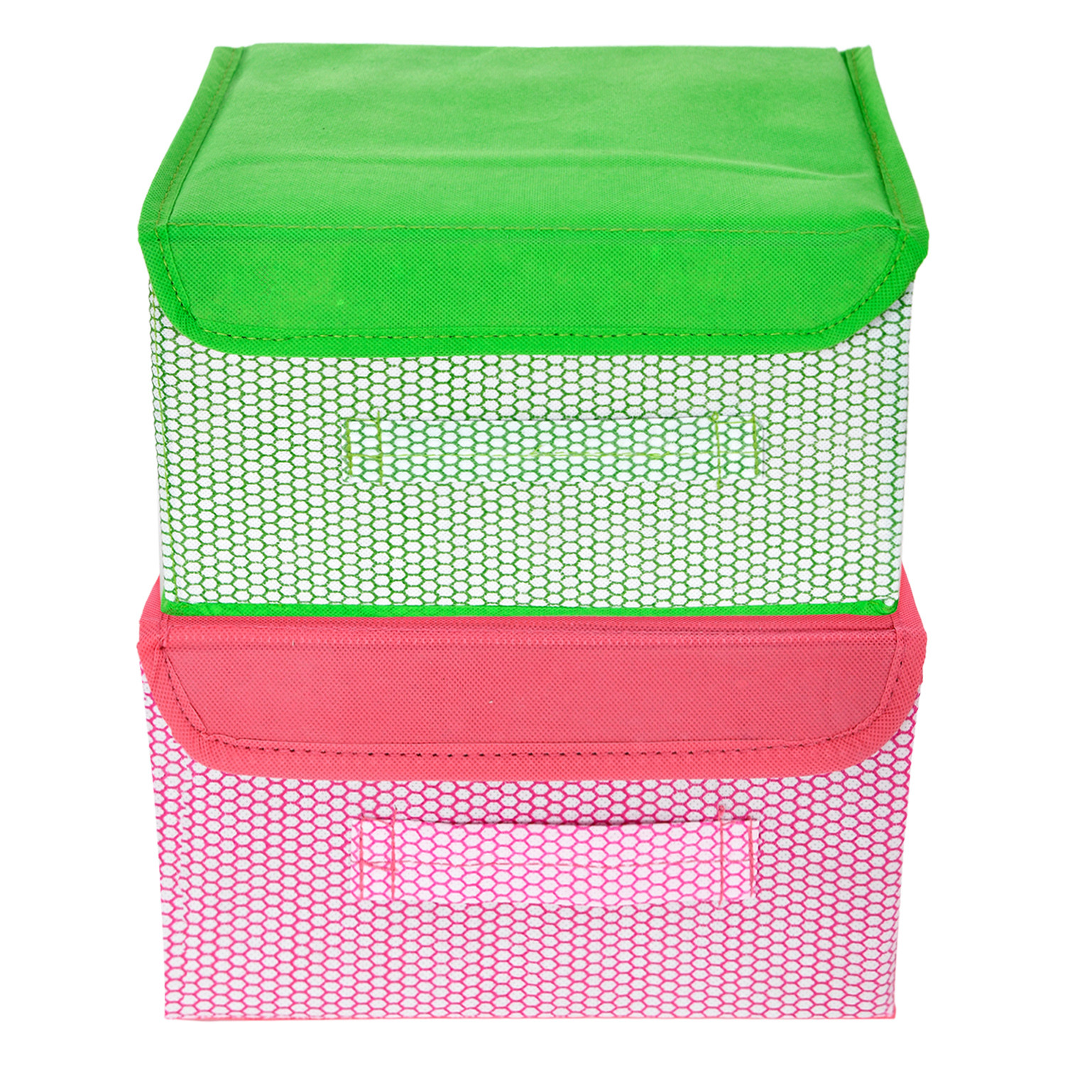 Kuber Industries Drawer Storage Box | Foldable Dhakkan Storage Box | Non-Woven Clothes Organizer For Toys | Storage Box with Handle | Small | Pack of 2 | Green & Pink