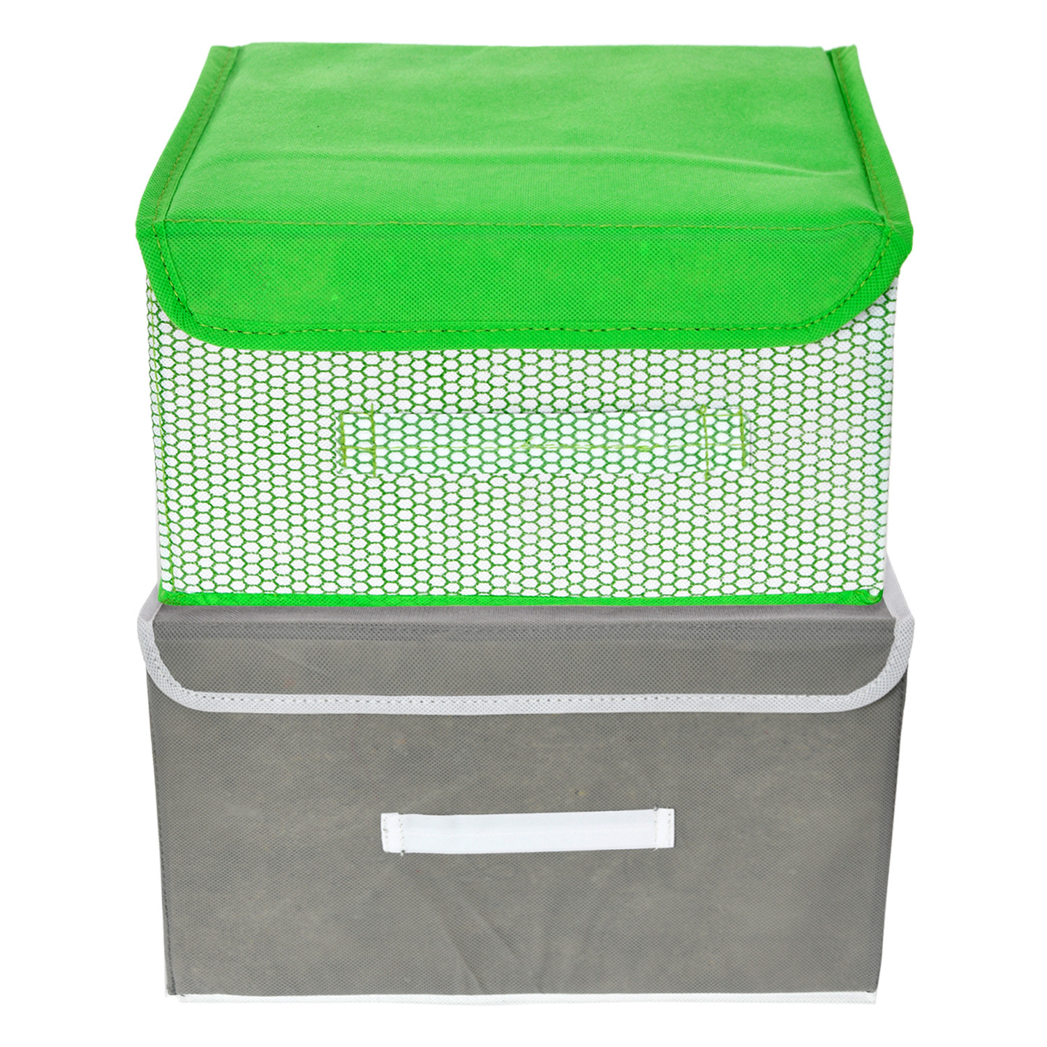 Kuber Industries Drawer Storage Box | Foldable Dhakkan Storage Box | Non-Woven Clothes Organizer For Toys | Storage Box with Handle | Small | Pack of 2 | Green & Gray