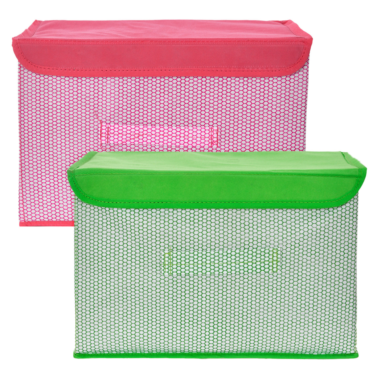 Kuber Industries Drawer Storage Box | Foldable Dhakkan Storage Box | Non-Woven Clothes Organizer For Toys | Storage Box with Handle | Medium | Pack of 2 | Green & Pink