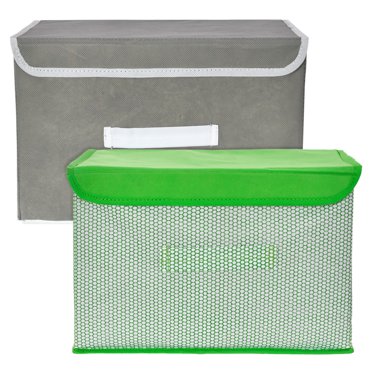 Kuber Industries Drawer Storage Box | Foldable Dhakkan Storage Box | Non-Woven Clothes Organizer For Toys | Storage Box with Handle | Medium | Pack of 2 | Green & Gray