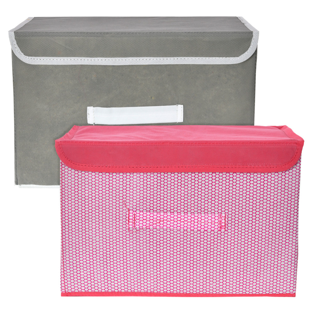 Kuber Industries Drawer Storage Box | Foldable Dhakkan Storage Box | Non-Woven Clothes Organizer For Toys | Storage Box with Handle | Medium | Pack of 2 | Pink &amp; Gray