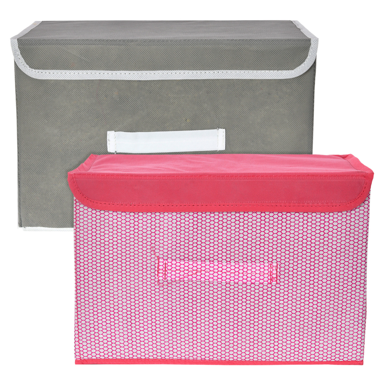 Kuber Industries Drawer Storage Box | Foldable Dhakkan Storage Box | Non-Woven Clothes Organizer For Toys | Storage Box with Handle | Large | Pack of 2 | Pink & Gray