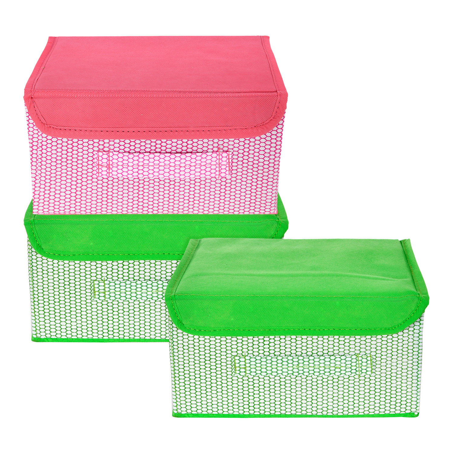 Kuber Industries Drawer Storage Box | Foldable Dhakkan Storage Box | Non-Woven Clothes Organizer For Toys | Storage Box with Handle | Small | Pack of 3 | Green & Pink