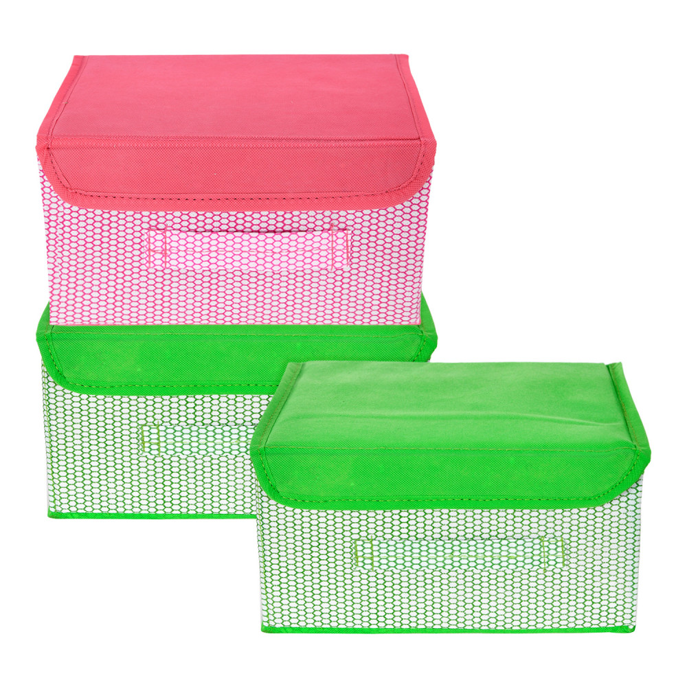 Kuber Industries Drawer Storage Box | Foldable Dhakkan Storage Box | Non-Woven Clothes Organizer For Toys | Storage Box with Handle | Small | Pack of 3 | Green &amp; Pink