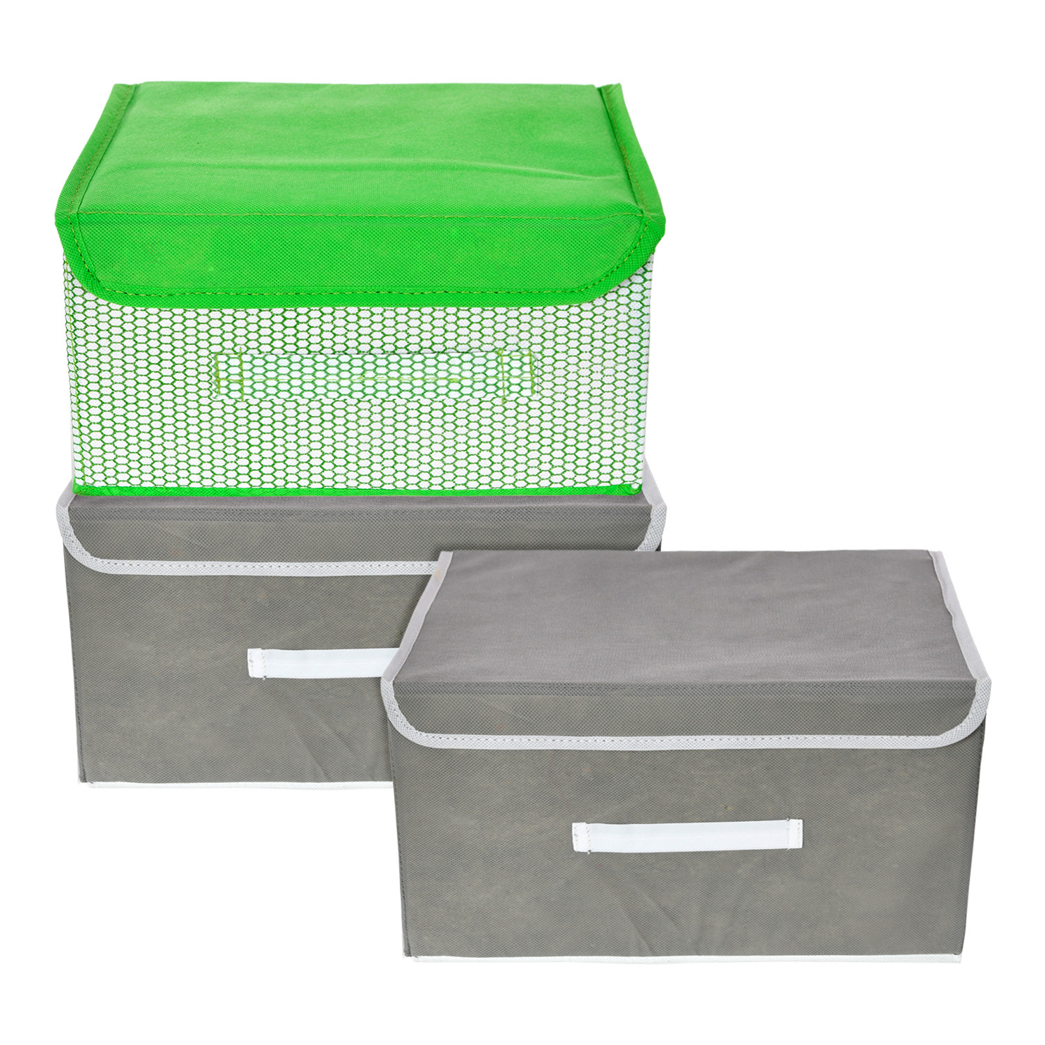 Kuber Industries Drawer Storage Box | Foldable Dhakkan Storage Box | Non-Woven Clothes Organizer For Toys | Storage Box with Handle | Small | Pack of 3 | Green & Gray