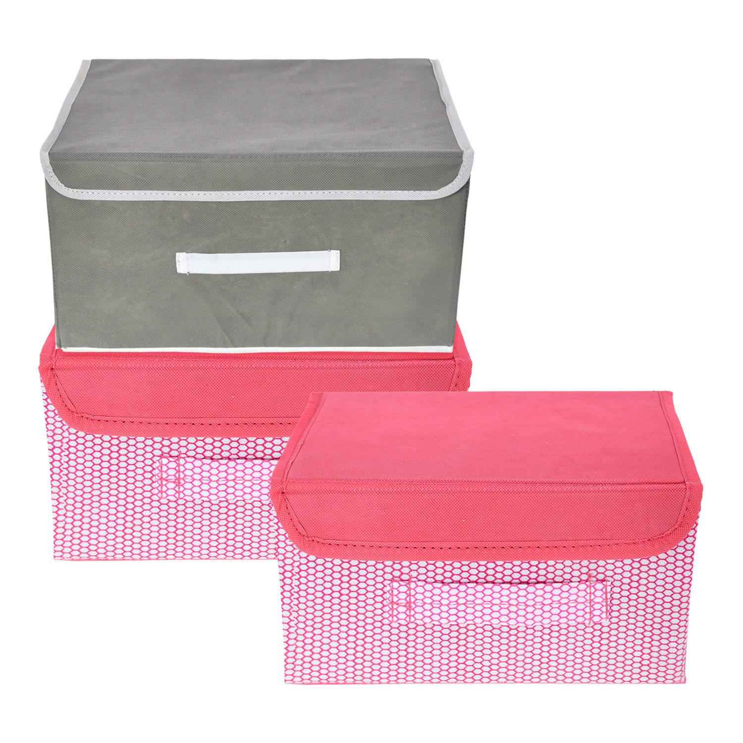 Kuber Industries Drawer Storage Box | Foldable Dhakkan Storage Box | Non-Woven Clothes Organizer For Toys | Storage Box with Handle | Small | Pack of 3 | Pink & Gray