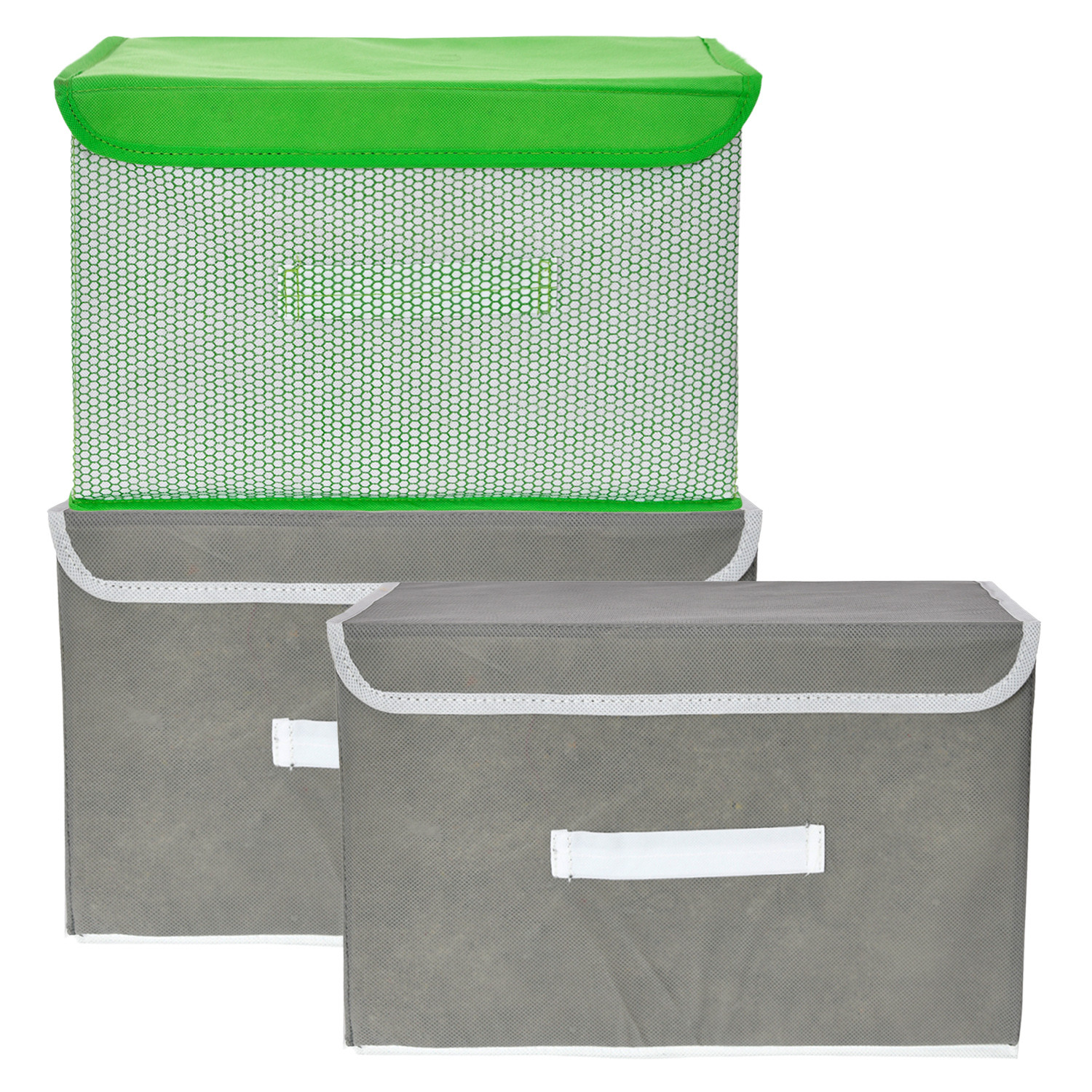 Kuber Industries Drawer Storage Box | Foldable Dhakkan Storage Box | Non-Woven Clothes Organizer For Toys | Storage Box with Handle | Medium | Pack of 3 | Green & Gray