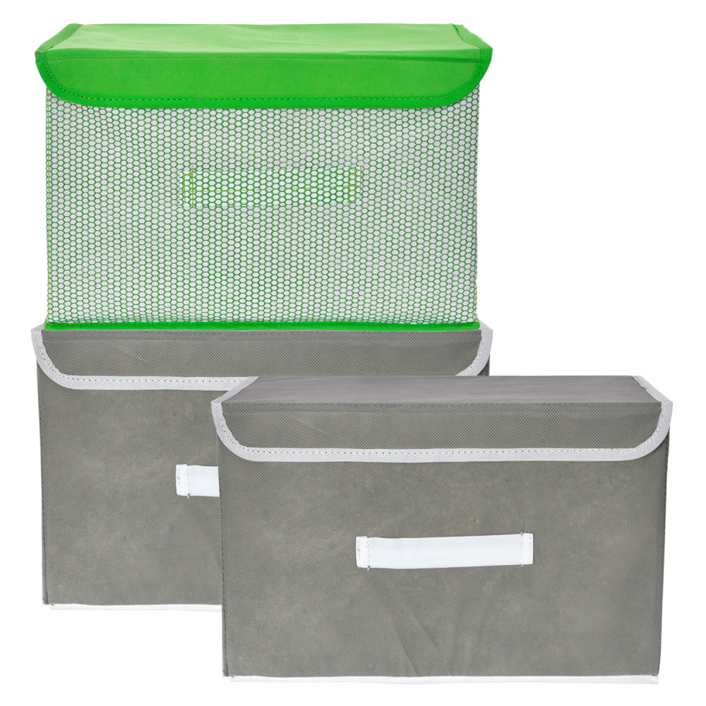 Kuber Industries Drawer Storage Box | Foldable Dhakkan Storage Box | Non-Woven Clothes Organizer For Toys | Storage Box with Handle | Medium | Pack of 3 | Green &amp; Gray