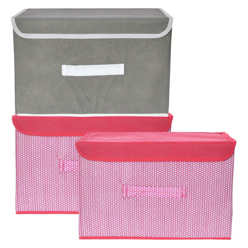 Kuber Industries Drawer Storage Box | Foldable Dhakkan Storage Box | Non-Woven Clothes Organizer For Toys | Storage Box with Handle | Medium | Pack of 3 | Pink &amp; Gray