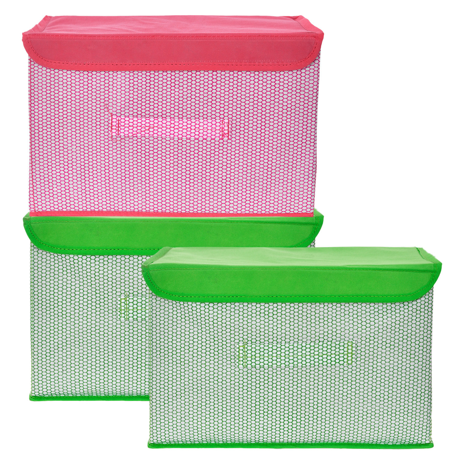 Kuber Industries Drawer Storage Box | Foldable Dhakkan Storage Box | Non-Woven Clothes Organizer For Toys | Storage Box with Handle | Large | Pack of 3 | Green & Pink