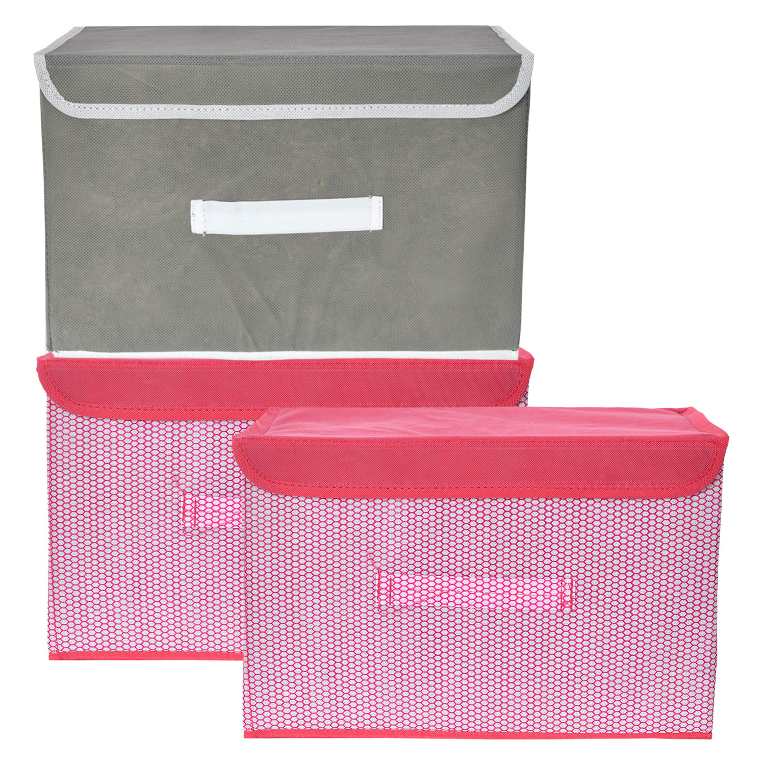 Kuber Industries Drawer Storage Box | Foldable Dhakkan Storage Box | Non-Woven Clothes Organizer For Toys | Storage Box with Handle | Large | Pack of 3 | Pink & Gray