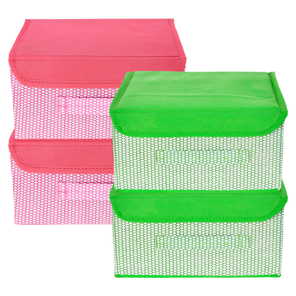 Kuber Industries Drawer Storage Box | Foldable Dhakkan Storage Box | Non-Woven Clothes Organizer For Toys | Storage Box with Handle | Small | Pack of 4 | Multi