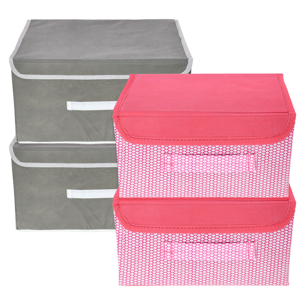 Kuber Industries Drawer Storage Box | Foldable Dhakkan Storage Box | Non-Woven Clothes Organizer For Toys | Storage Box with Handle | Small | Pack of 4 | Multi