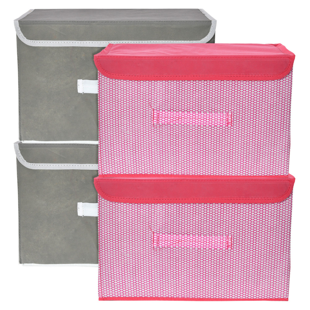 Kuber Industries Drawer Storage Box | Foldable Dhakkan Storage Box | Non-Woven Clothes Organizer For Toys | Storage Box with Handle | Medium | Pack of 4 | Multi