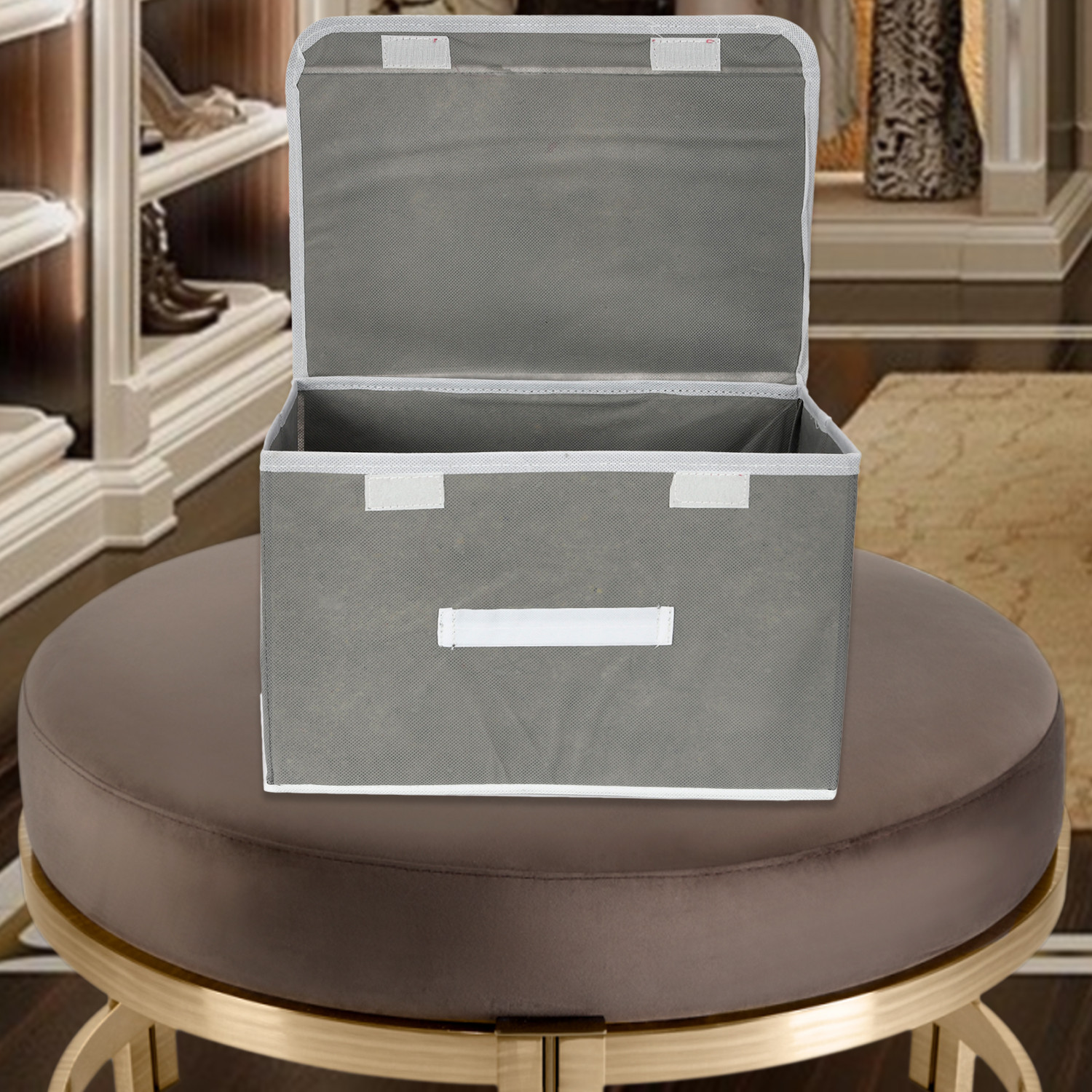 Kuber Industries Drawer Storage Box  Plain Dhakkan Storage Box  Non-Woven Clothes Organizer For Toys  Storage Box with Handle  Large  Pack of 3  Gray