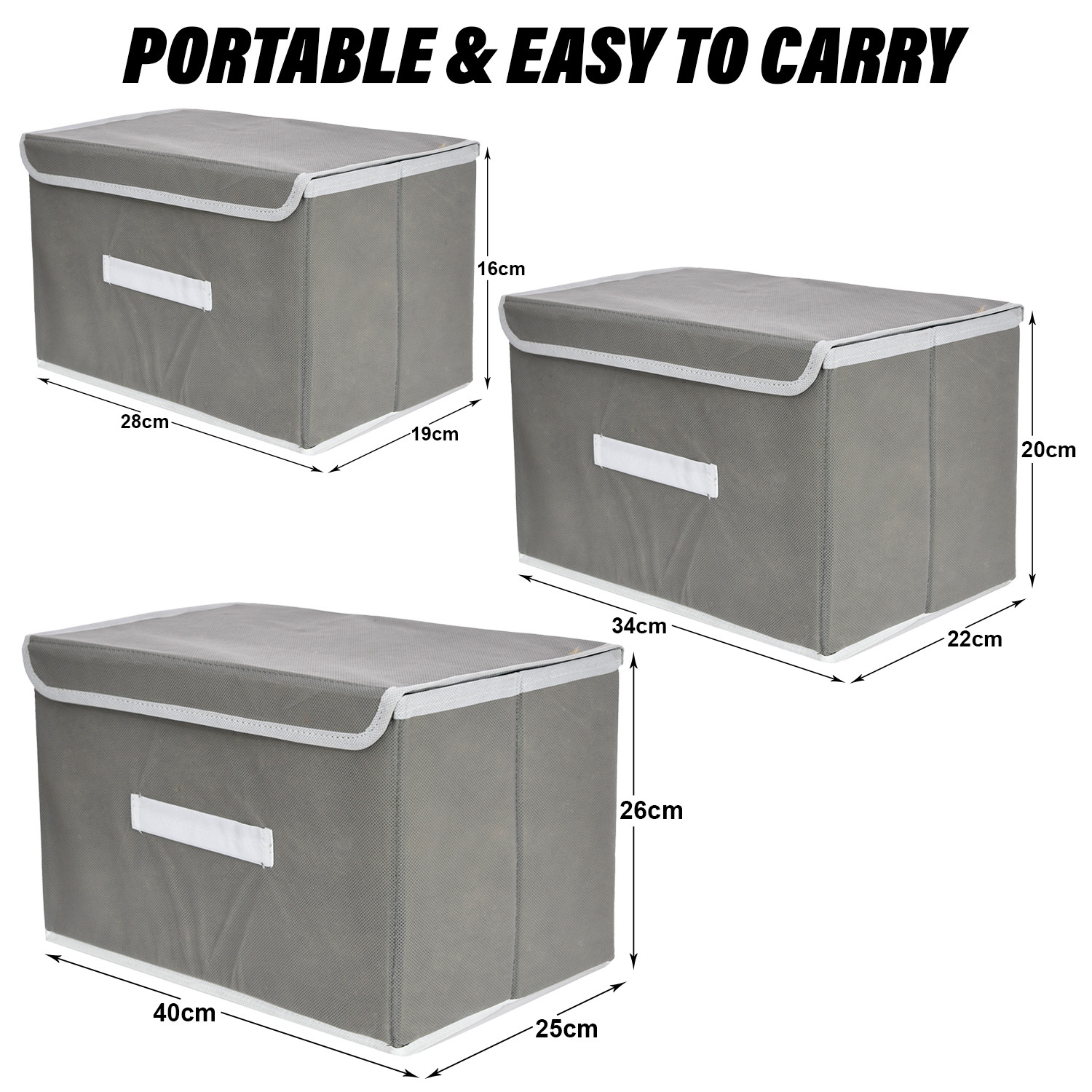 Kuber Industries Drawer Storage Box | Plain Dhakkan Storage Box For Toys | Non-Woven Clothes Organizer | Storage Box with Handle | S | M | L | Pack of 3 | Gray