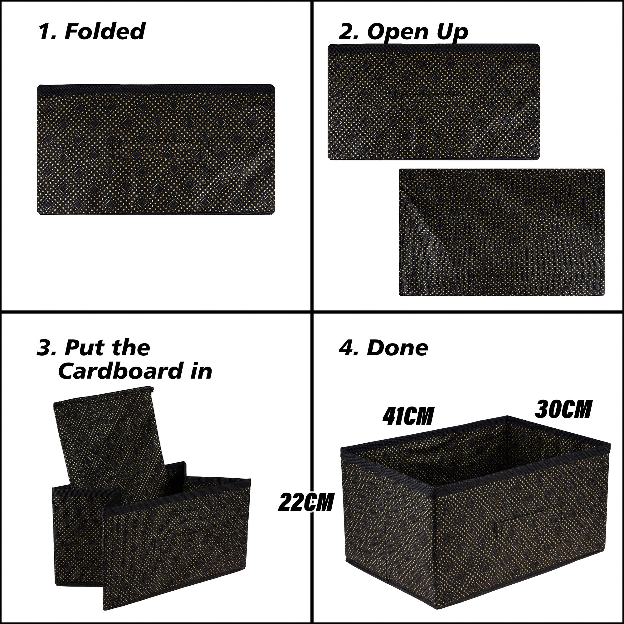 Kuber Industries Drawer Storage Box | Storage Bin for Clothes | Wardrobe Organizer for Books | Closet Box with Handle | Non-Woven Storage Box | Golden-Dot Storage Box | Black