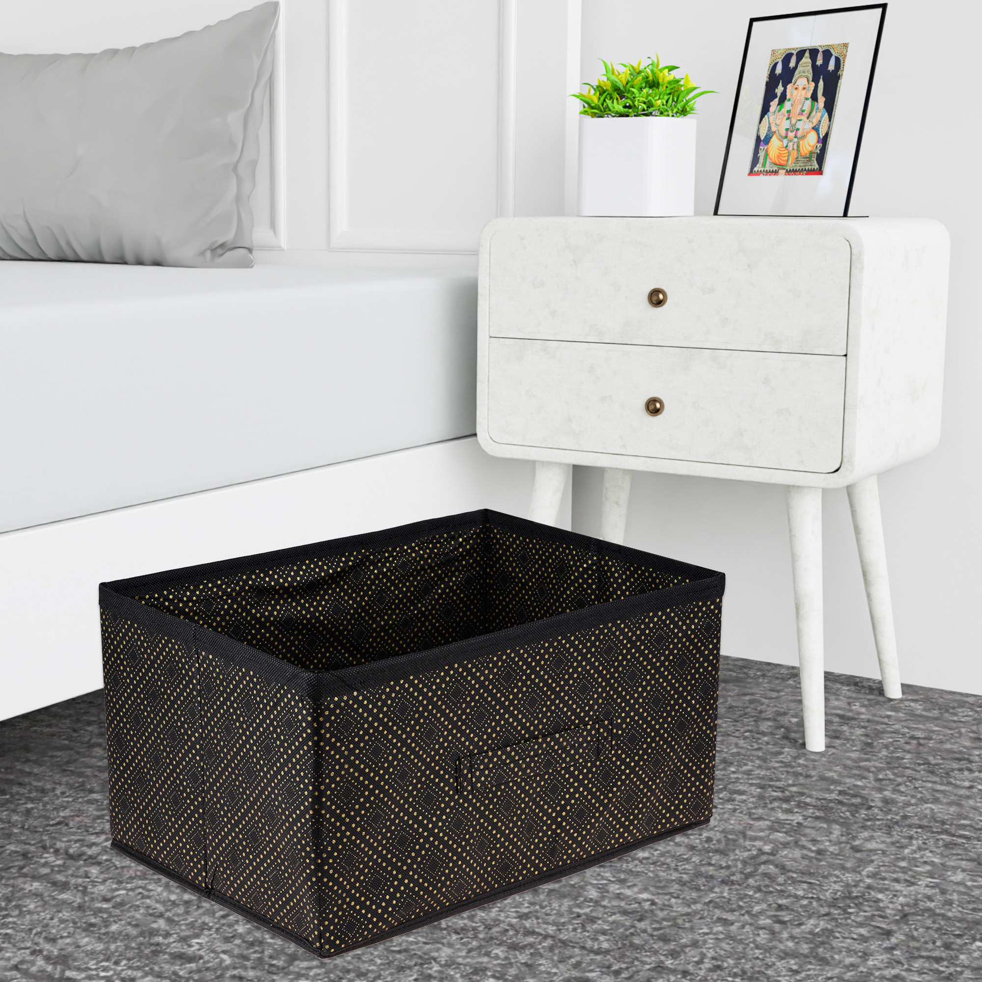 Kuber Industries Drawer Storage Box | Storage Bin for Clothes | Wardrobe Organizer for Books | Closet Box with Handle | Non-Woven Storage Box | Golden-Dot Storage Box | Black