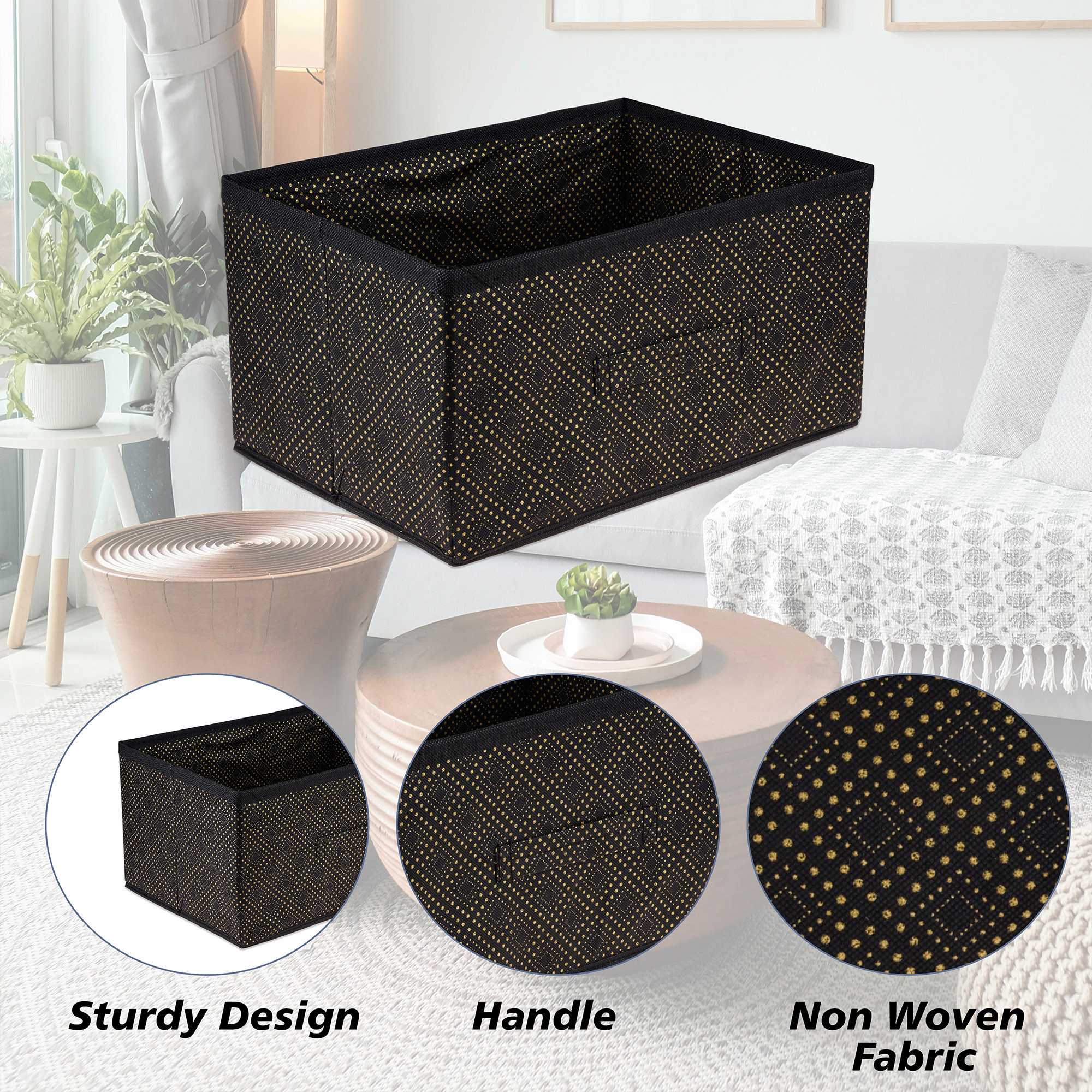 Kuber Industries Drawer Storage Box | Storage Bin for Clothes | Wardrobe Organizer for Books | Closet Box with Handle | Non-Woven Storage Box | Golden-Dot Storage Box | Black