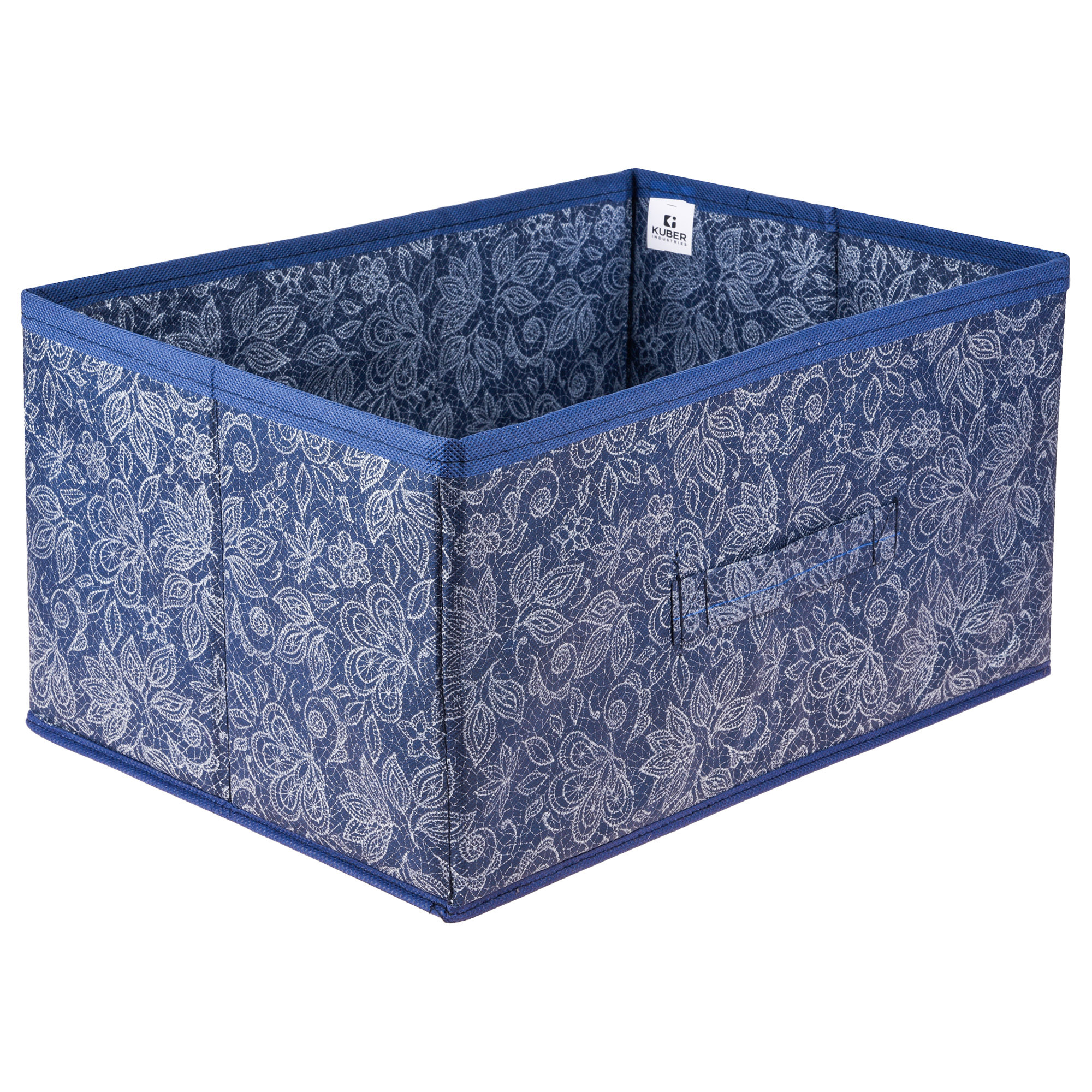 Kuber Industries Drawer Storage Box | Storage Bin for Clothes | Wardrobe Organizer for Books | Closet Box with Handle | Non-Woven Storage Box | Flower Printed Storage Box | Navy Blue