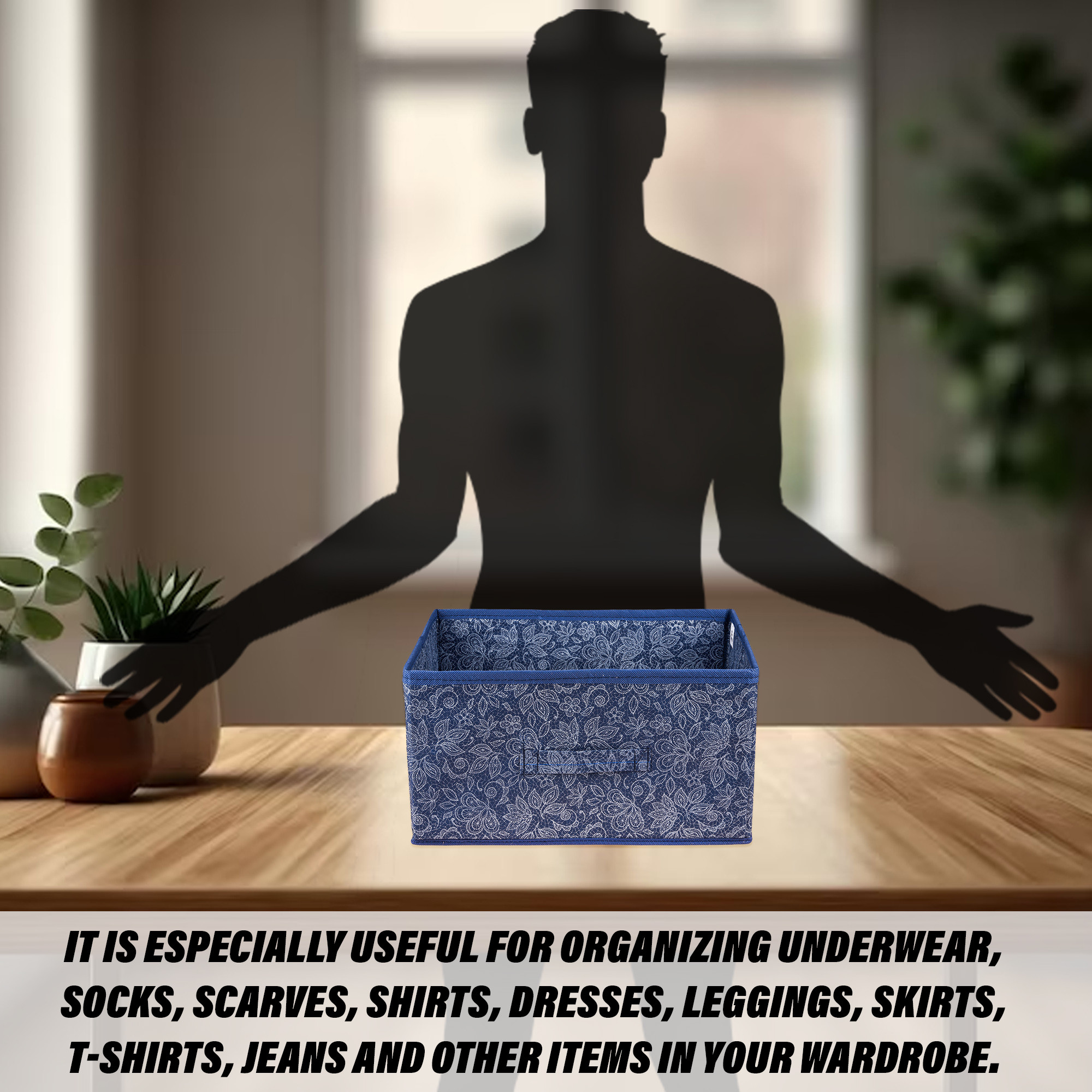 Kuber Industries Drawer Storage Box | Storage Bin for Clothes | Wardrobe Organizer for Books | Closet Box with Handle | Non-Woven Storage Box | Flower Printed Storage Box | Navy Blue