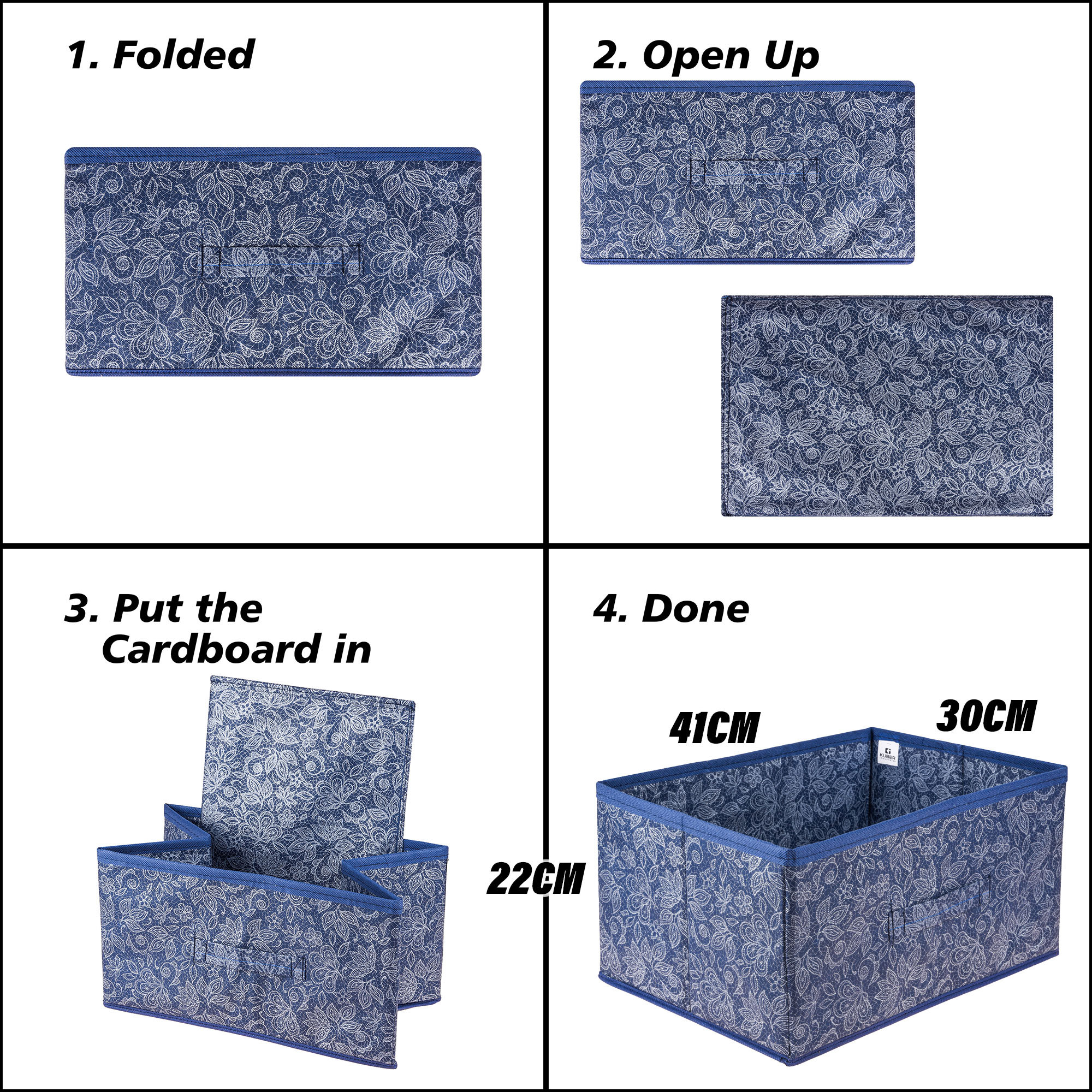 Kuber Industries Drawer Storage Box | Storage Bin for Clothes | Wardrobe Organizer for Books | Closet Box with Handle | Non-Woven Storage Box | Flower Printed Storage Box | Navy Blue