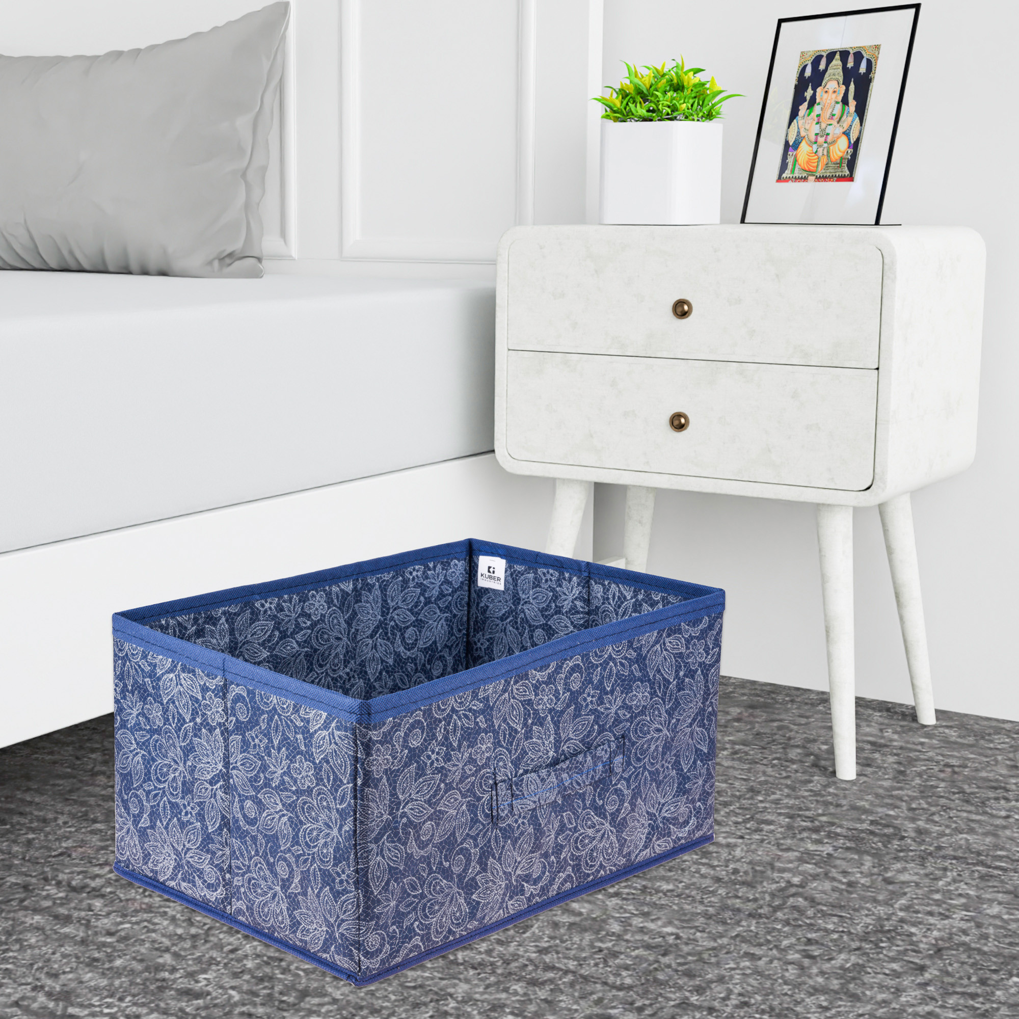 Kuber Industries Drawer Storage Box | Storage Bin for Clothes | Wardrobe Organizer for Books | Closet Box with Handle | Non-Woven Storage Box | Flower Printed Storage Box | Navy Blue
