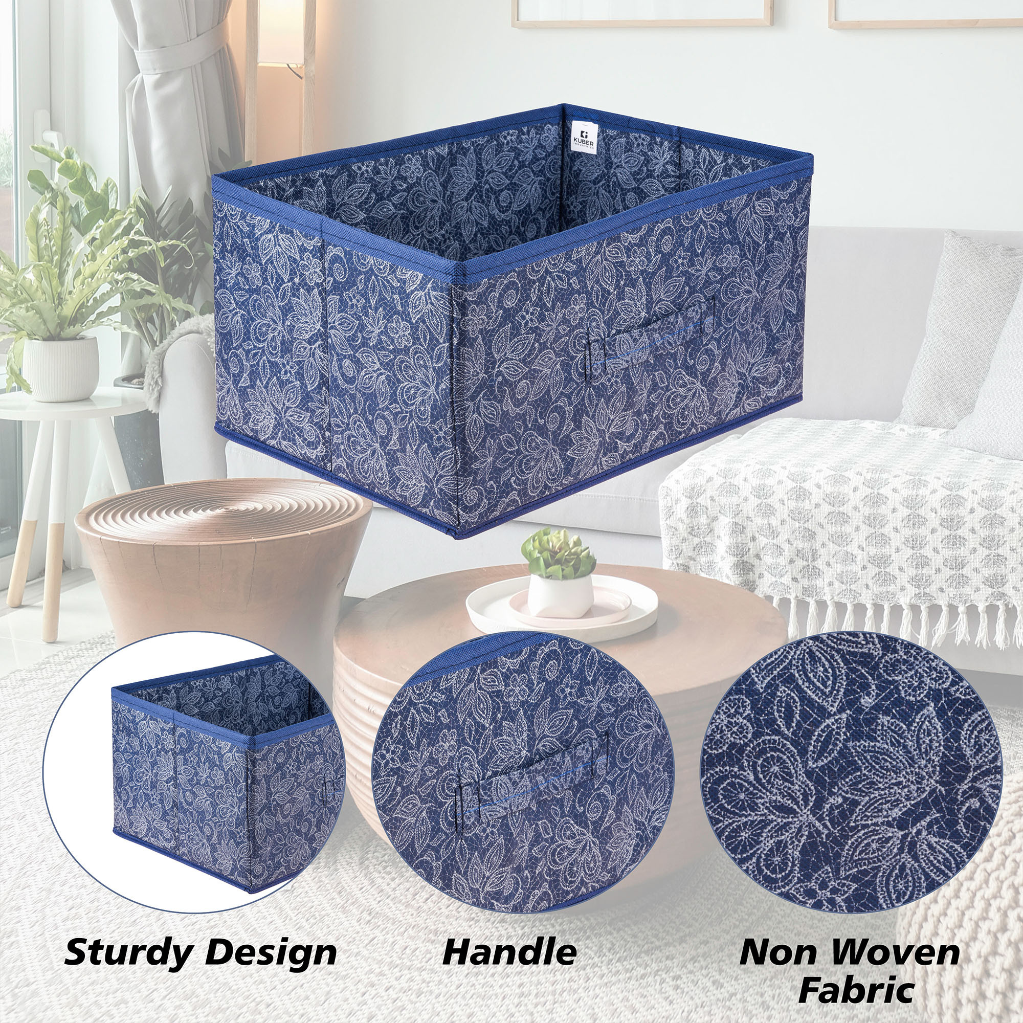Kuber Industries Drawer Storage Box | Storage Bin for Clothes | Wardrobe Organizer for Books | Closet Box with Handle | Non-Woven Storage Box | Flower Printed Storage Box | Navy Blue