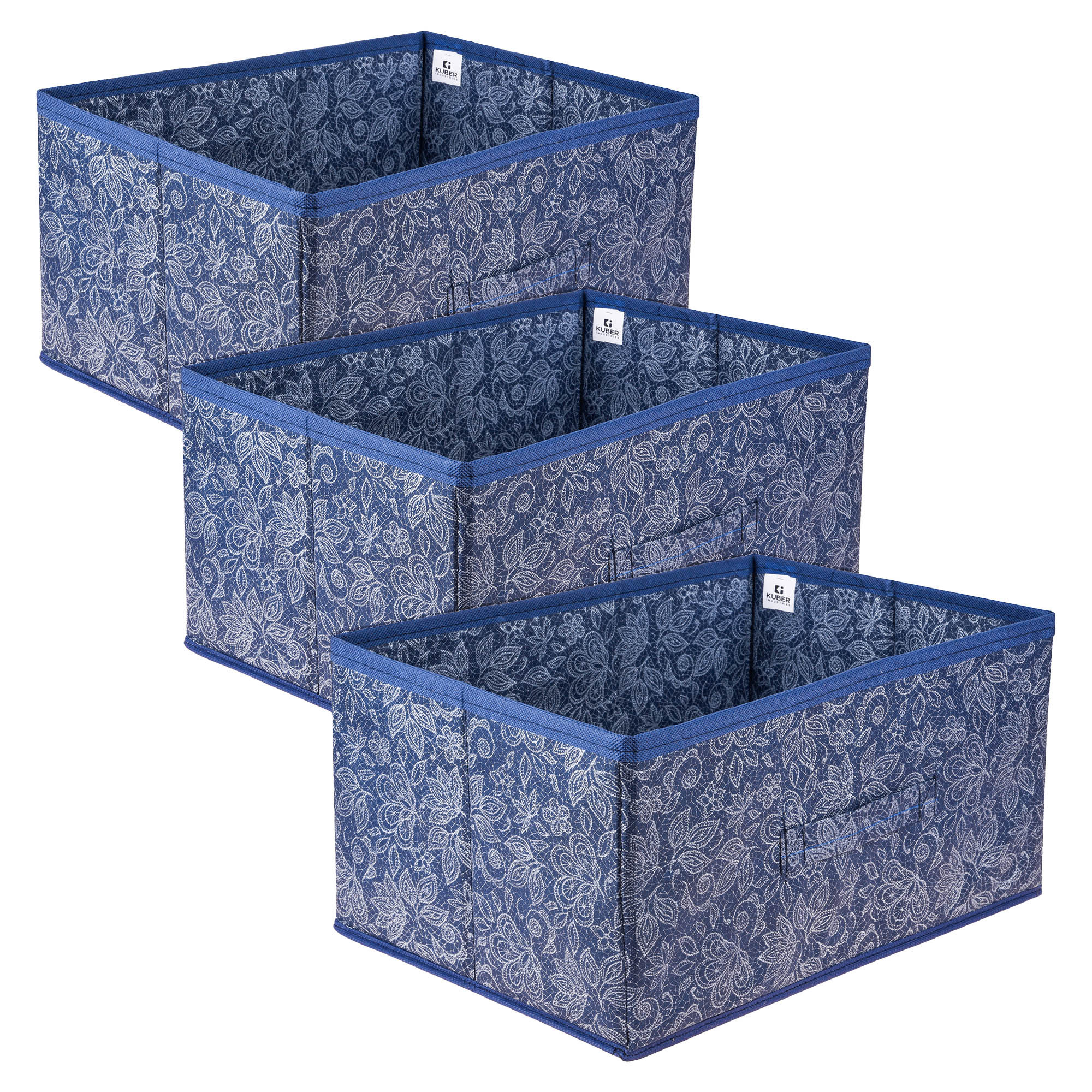 Kuber Industries Drawer Storage Box | Storage Bin for Clothes | Wardrobe Organizer for Books | Closet Box with Handle | Non-Woven Storage Box | Flower Printed Storage Box | Navy Blue