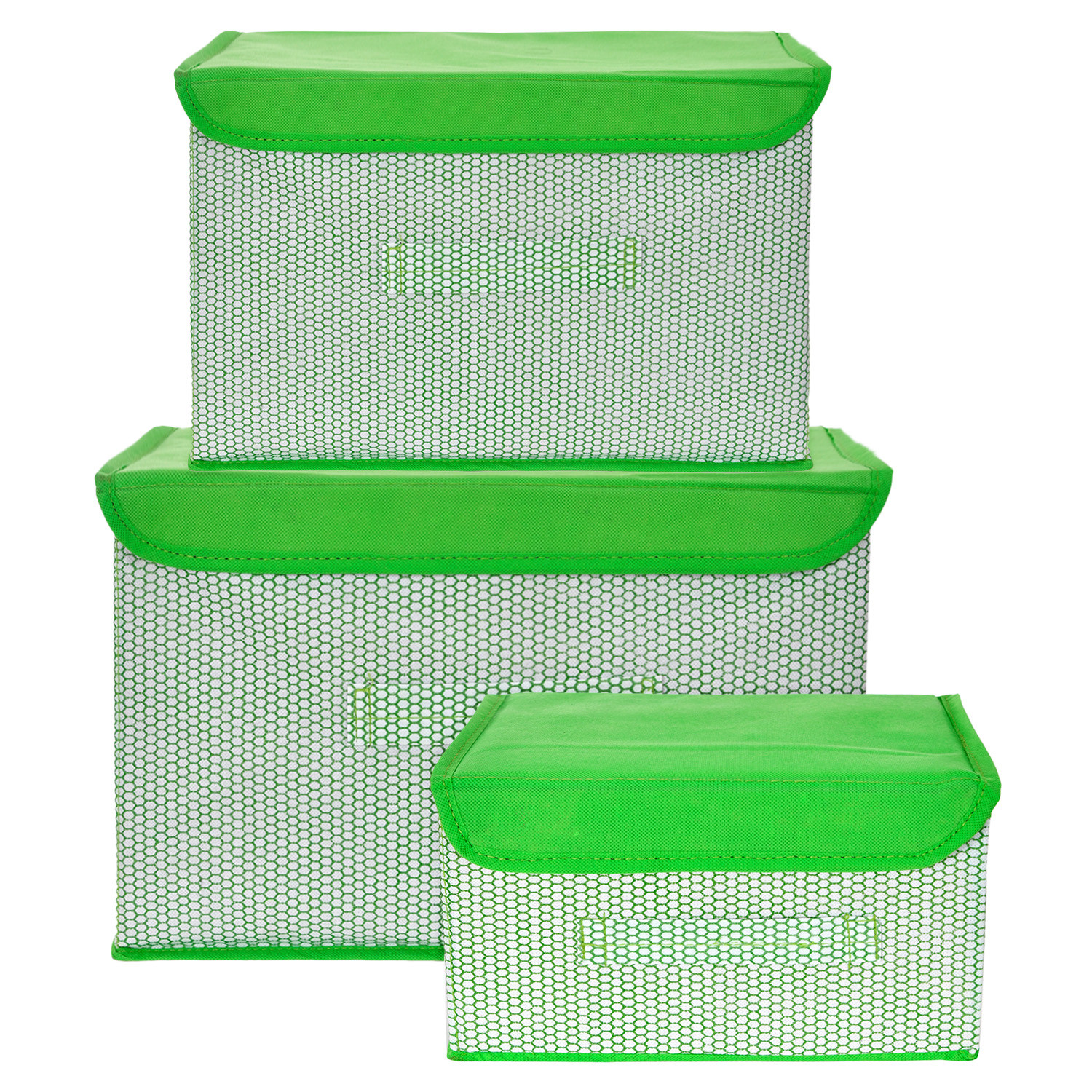 Kuber Industries Drawer Storage Box | Zig Zag Dhakkan Storage Box | Non-Woven Clothes Organizer | Storage Box with Handle | S | M | L | Pack of 3 | Green