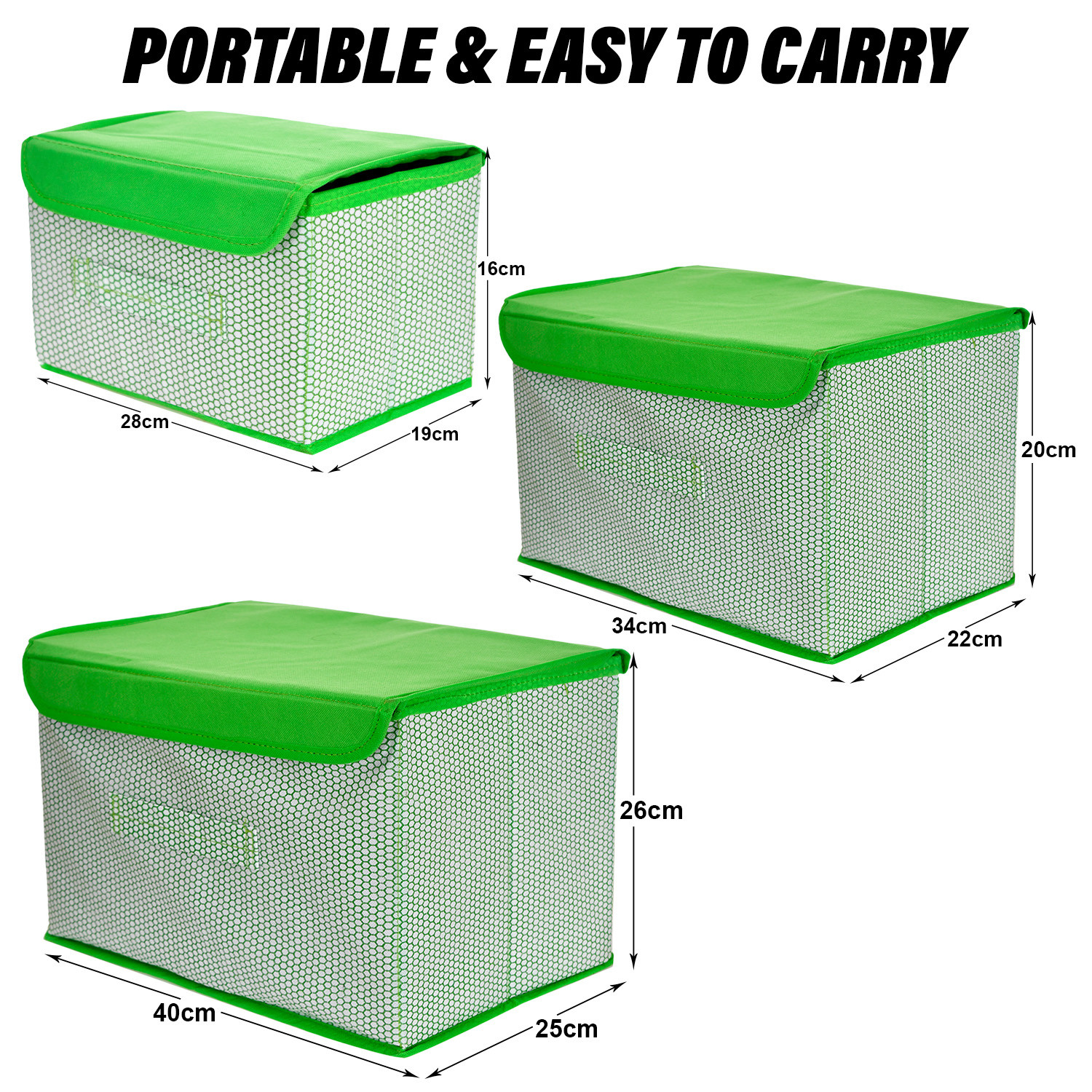 Kuber Industries Drawer Storage Box | Zig Zag Dhakkan Storage Box | Non-Woven Clothes Organizer | Storage Box with Handle | S | M | L | Pack of 3 | Green