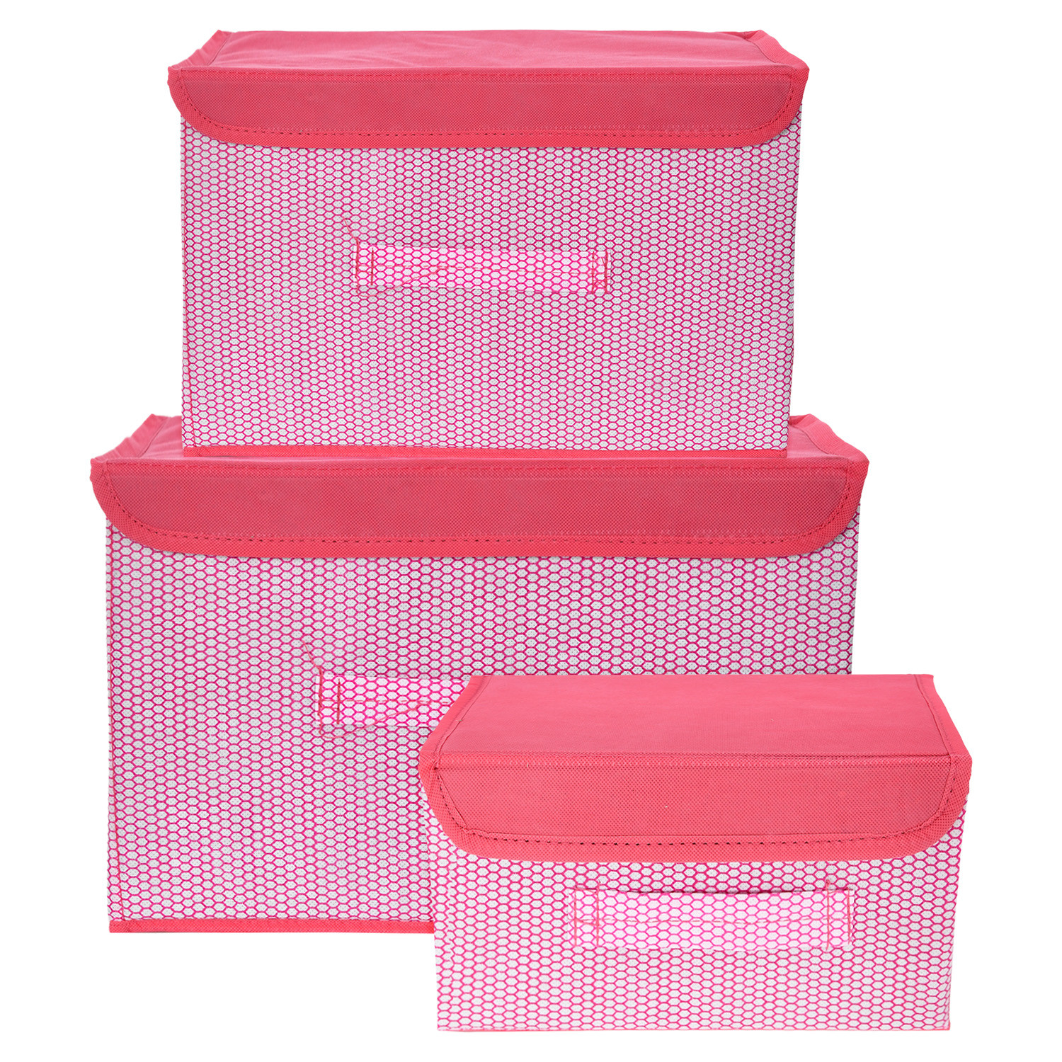 Kuber Industries Drawer Storage Box | Zig Zag Dhakkan Storage Box | Non-Woven Clothes Organizer | Storage Box with Handle | S | M | L | Pack of 3 | Pink