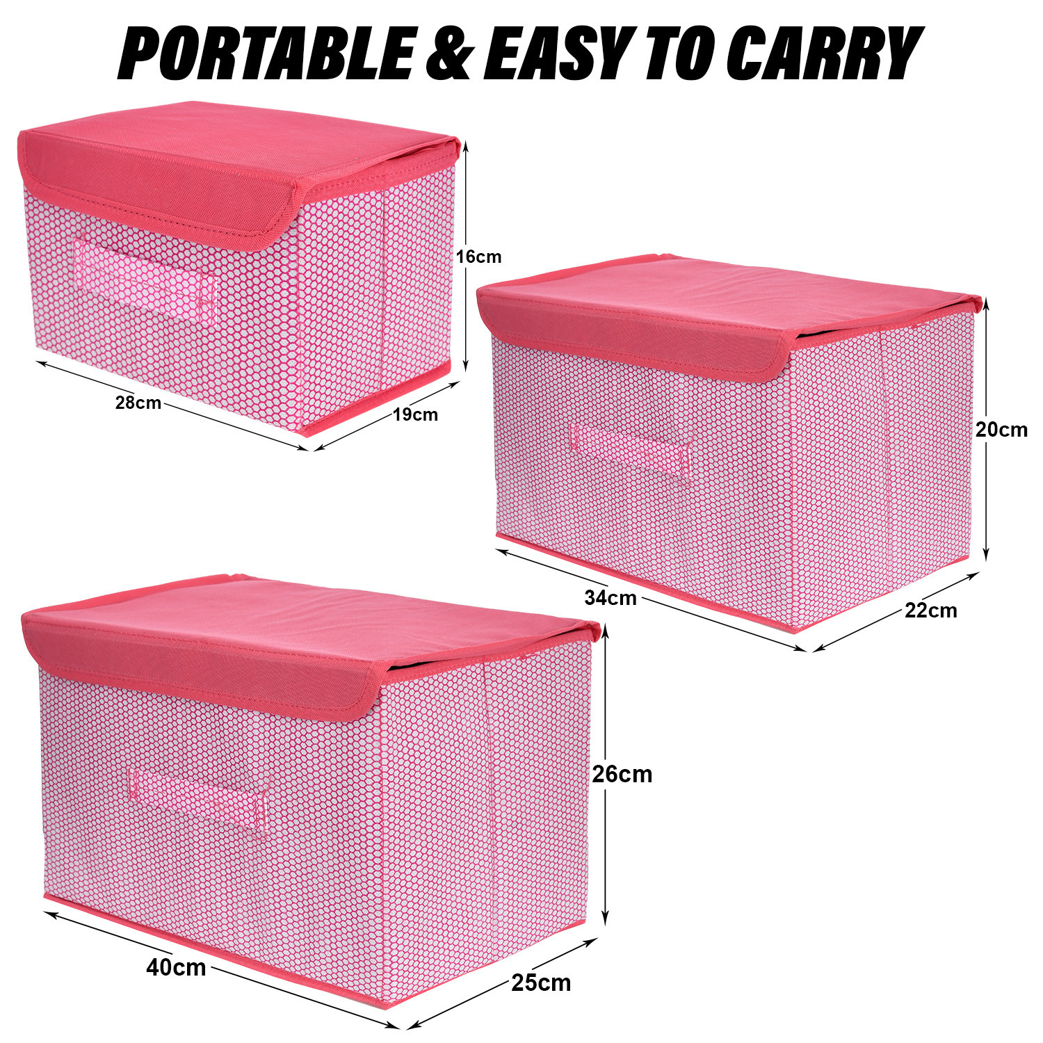 Kuber Industries Drawer Storage Box | Zig Zag Dhakkan Storage Box | Non-Woven Clothes Organizer | Storage Box with Handle | S | M | L | Pack of 3 | Pink